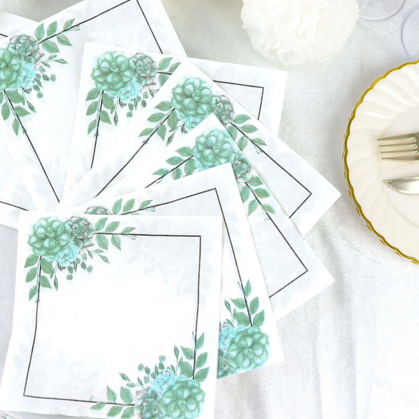 20-Pack Paper Dinner Napkins with Floral Design White/Green - Disposable 2 Ply Beverage Napkins 13"x13"
