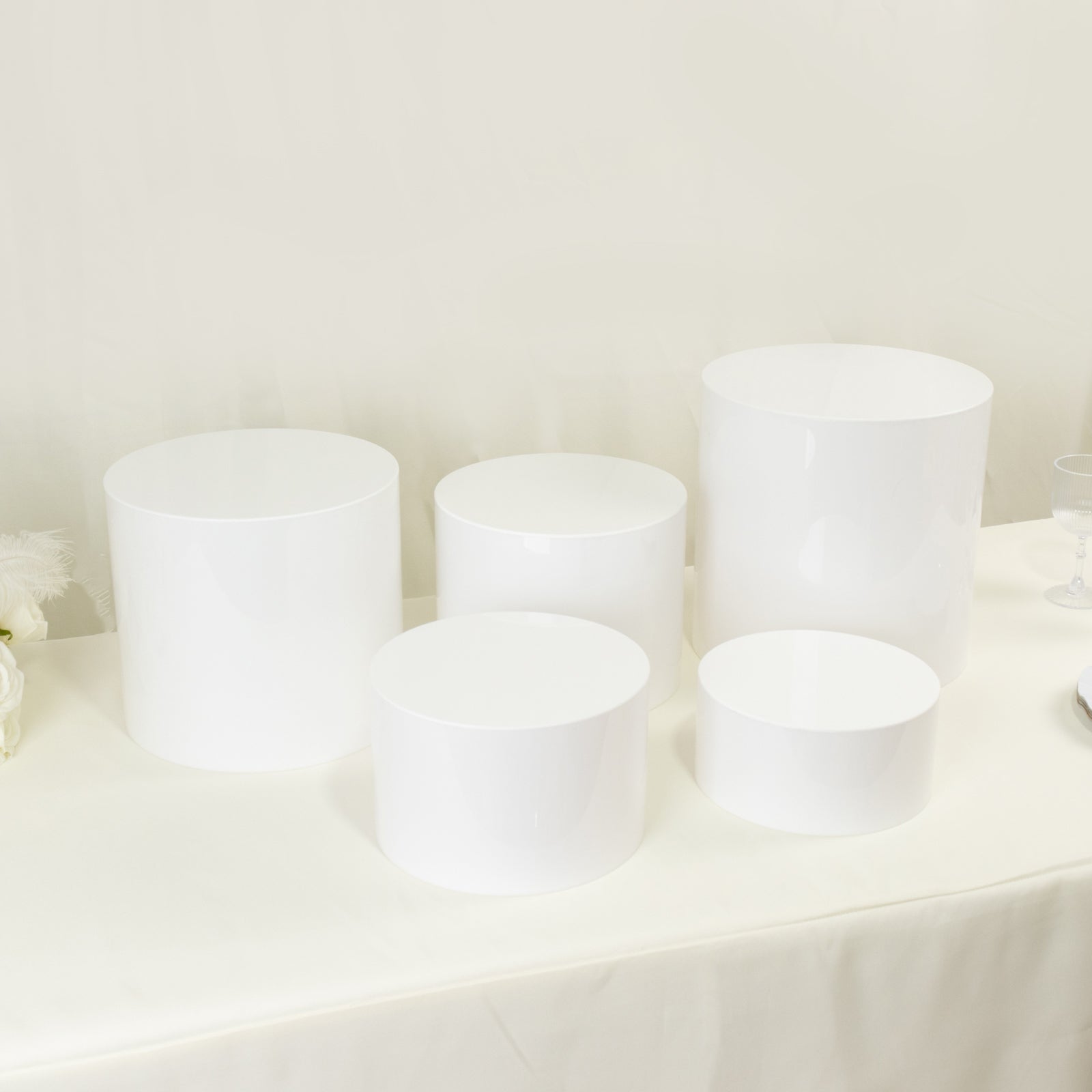 Set of 5 Acrylic Cake Stands Cylinder Design Round White - Display Risers for Events 4", 6", 8", 10", 12"