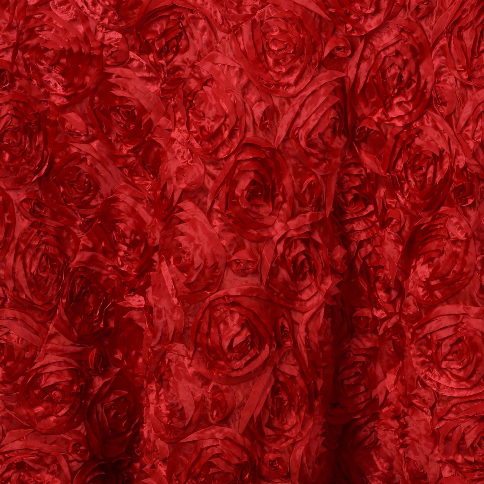Satin 132" Round Tablecloth Red - Seamless Grandiose 3D Rosette Table Cover