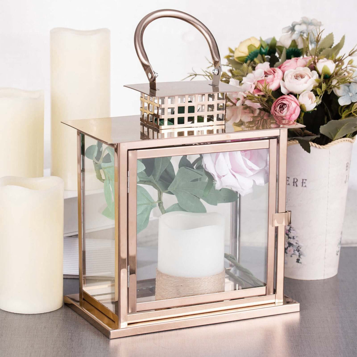 Stainless Steel Candle Lantern Cage Top Design Rose Gold - Outdoor Metal Patio Lantern Centerpiece 10"