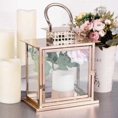 Stainless Steel Candle Lantern Cage Top Design Rose Gold - Outdoor Metal Patio Lantern Centerpiece 10"