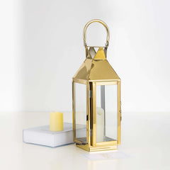 Stainless Steel Candle Lantern Crown Top Design Gold - Outdoor Metal Patio Lantern Centerpiece 14"