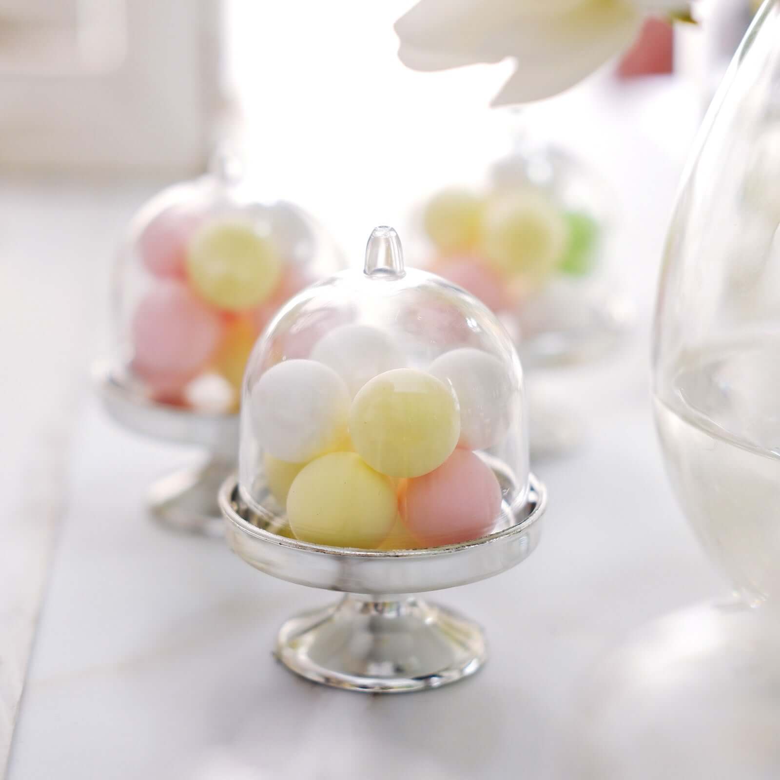 12-Pack Fillable Mini Pedestal Candy Container Clear/Silver - Stylish Candy Treat Favor Containers with Dome Lid 3"