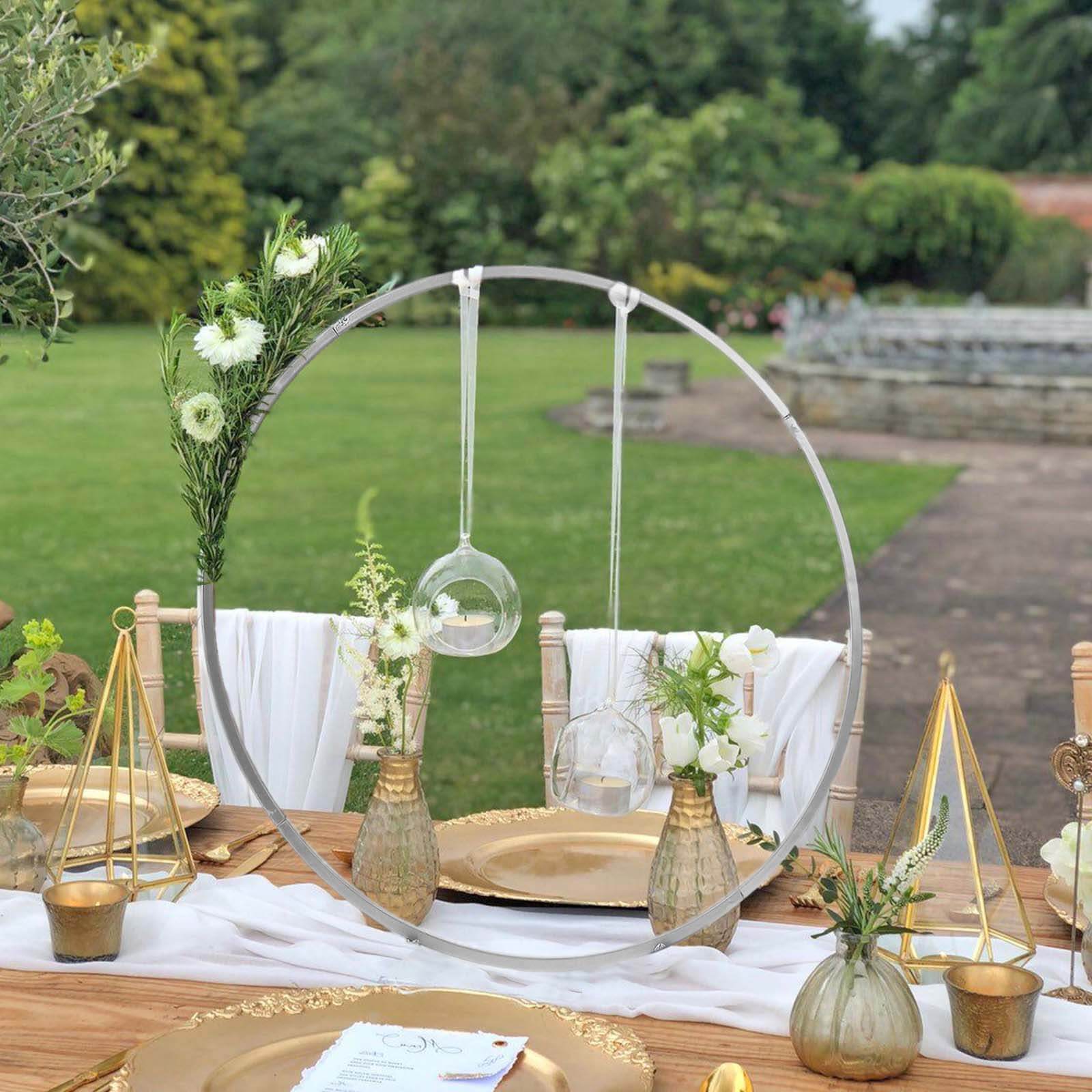 24" Silver Round Arch Wedding Centerpiece, Metal Hoop Wreath Tabletop Decor