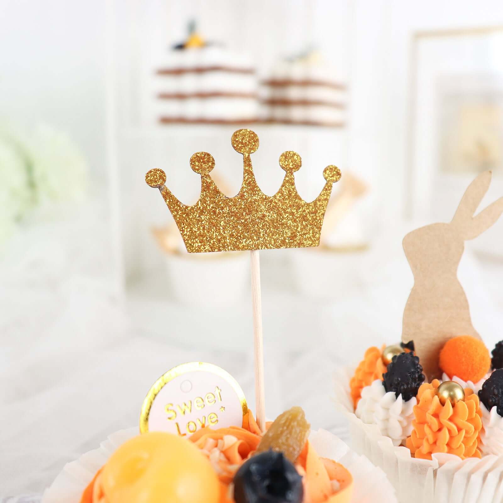 24-Pack Cupcake Topper Picks Royal Crown Design Glitter Gold - Party Cake Toppers 5"