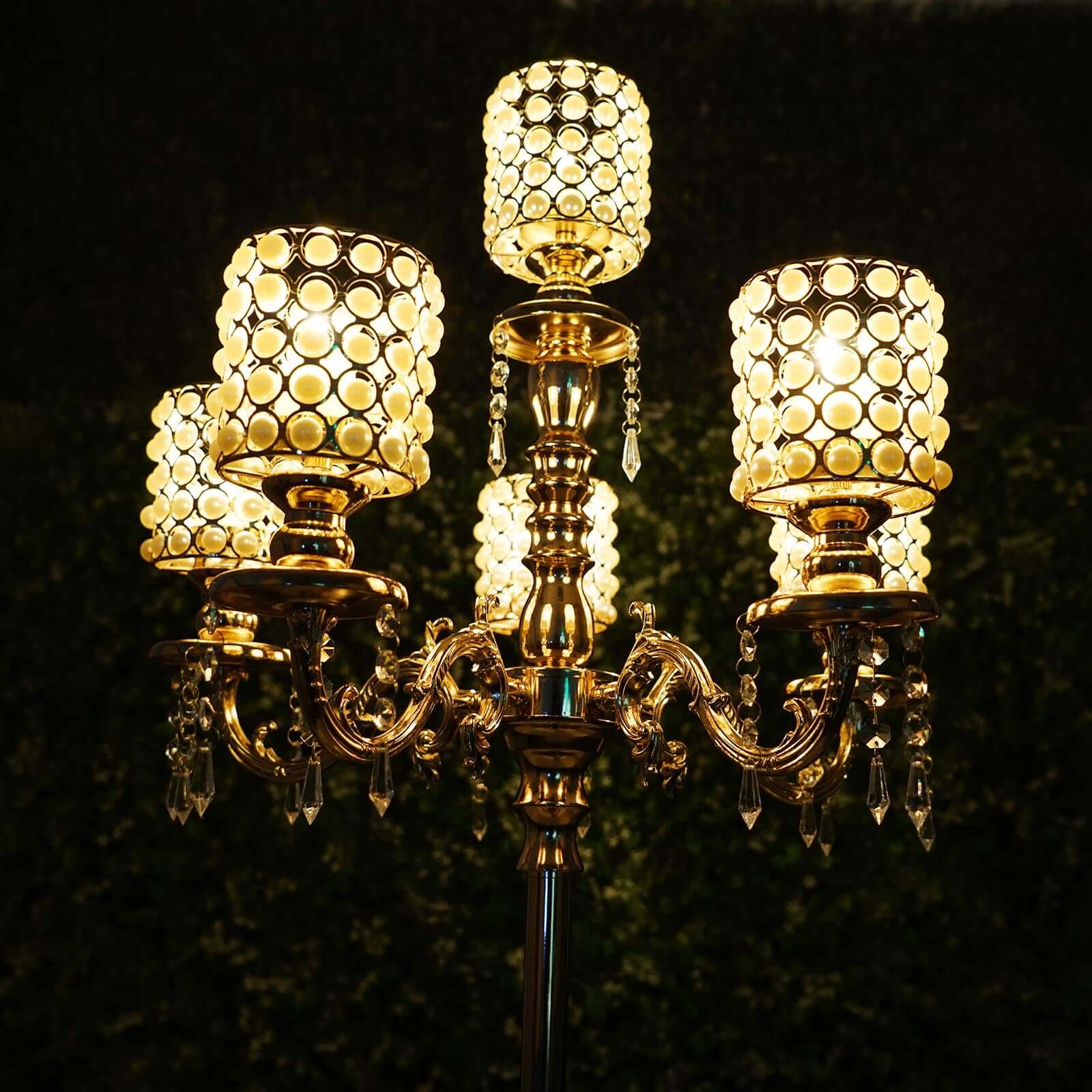 Metal Pearl Beaded Candelabra in Gold 6-Arm - Stylish Table Centerpiece with Crystal Chandelier Pendants