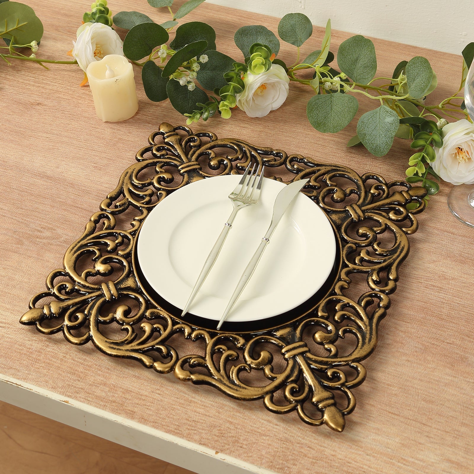 6-Pack Acrylic Square Charger Plates 12" in Black with Antique Gold Hollow Lace Border, Event Tabletop Decorative Charger Tableware