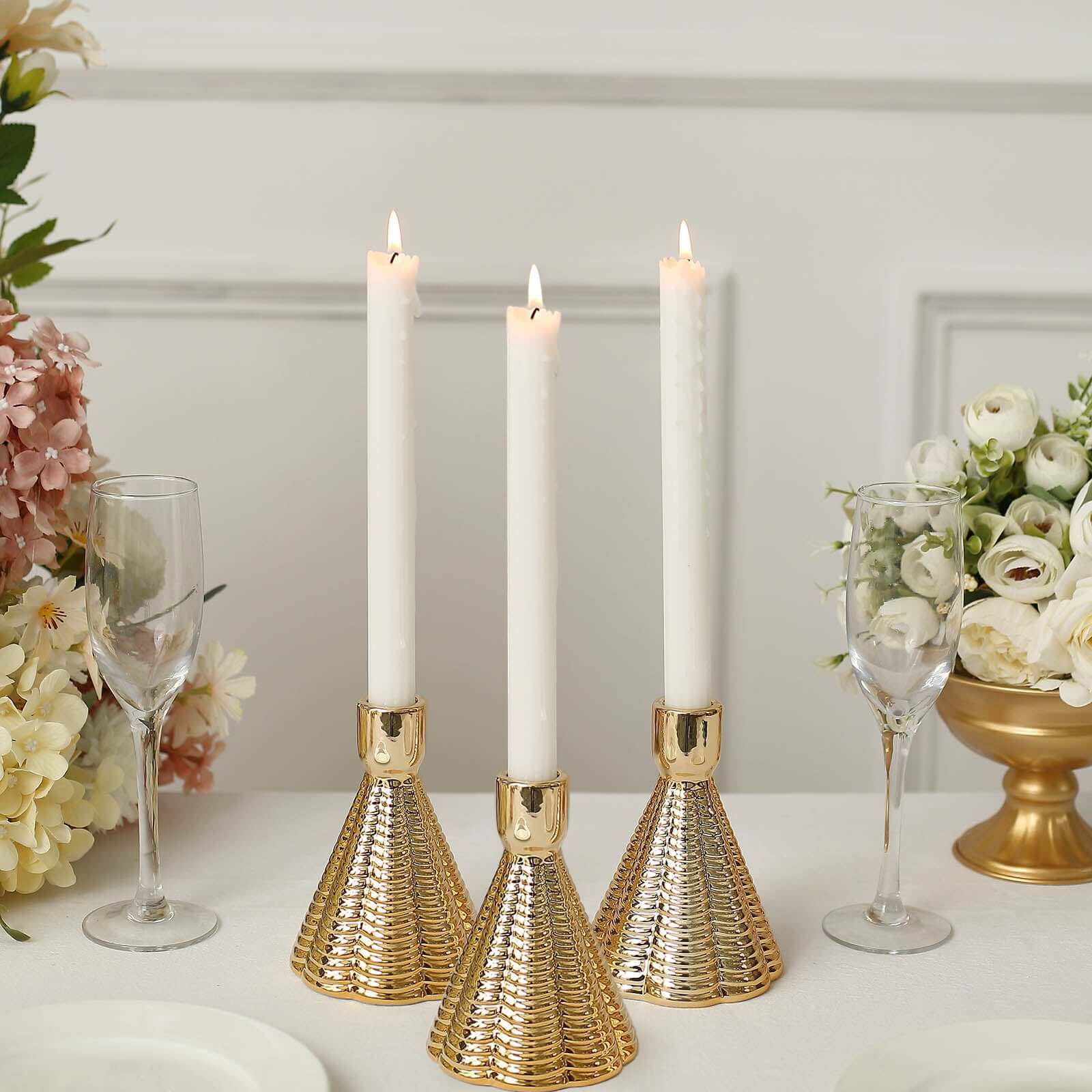 3-Pack Ceramic Taper Candle Holders Ribbed Cone Shaped Design Metallic Gold - Candlestick Stands for Decor 5"