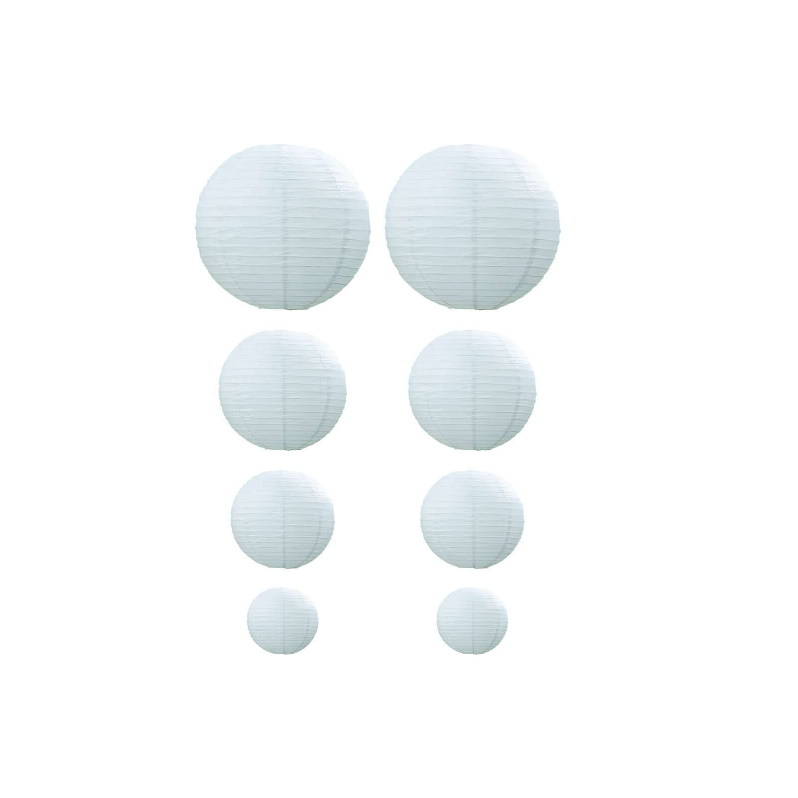 Set of 8 White Hanging Paper Lanterns, Decorative Round Chinese Sky Lanterns, Assorted Sizes  - 6",8",10",14"