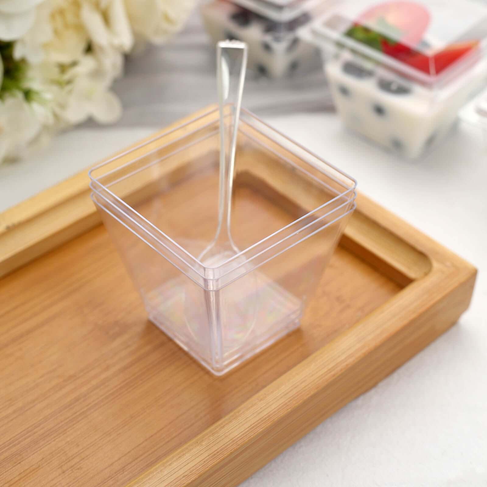 24-Pack Plastic Square Dessert Tumbler Cup Clear - Disposable Snack Serving Cups with Lid and Spoon Set for Parties, Catered Events & Buffets 4oz