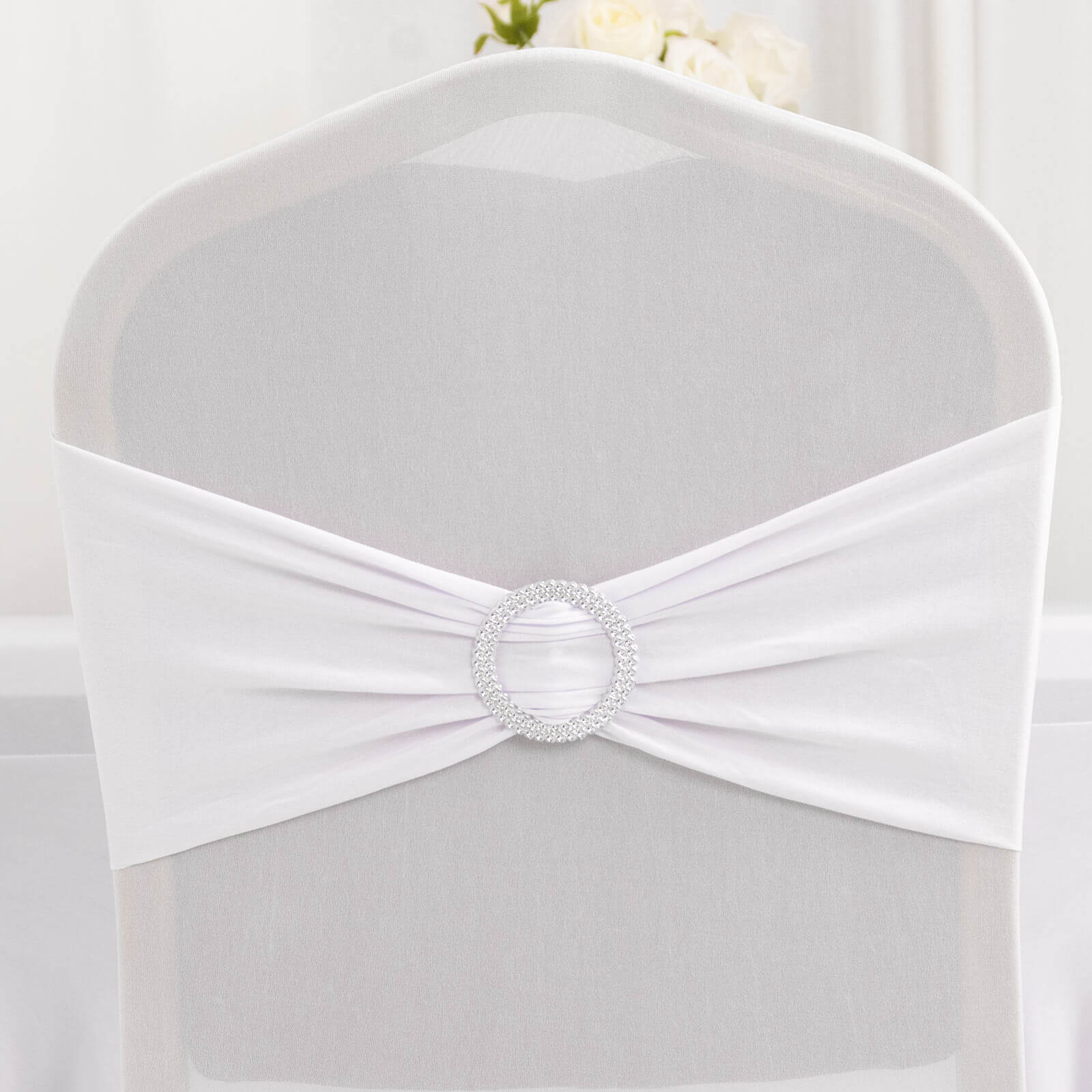 Spandex Chair Cover with White Rhinestone Buckled Sash Band Blush - Stylish Stretch Fitted Slipcover for Banquets & Events