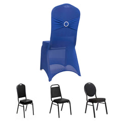 Spandex Chair Cover with Royal Blue Rhinestone Buckled Sash Band Blush - Stretch Fitted Slipcover