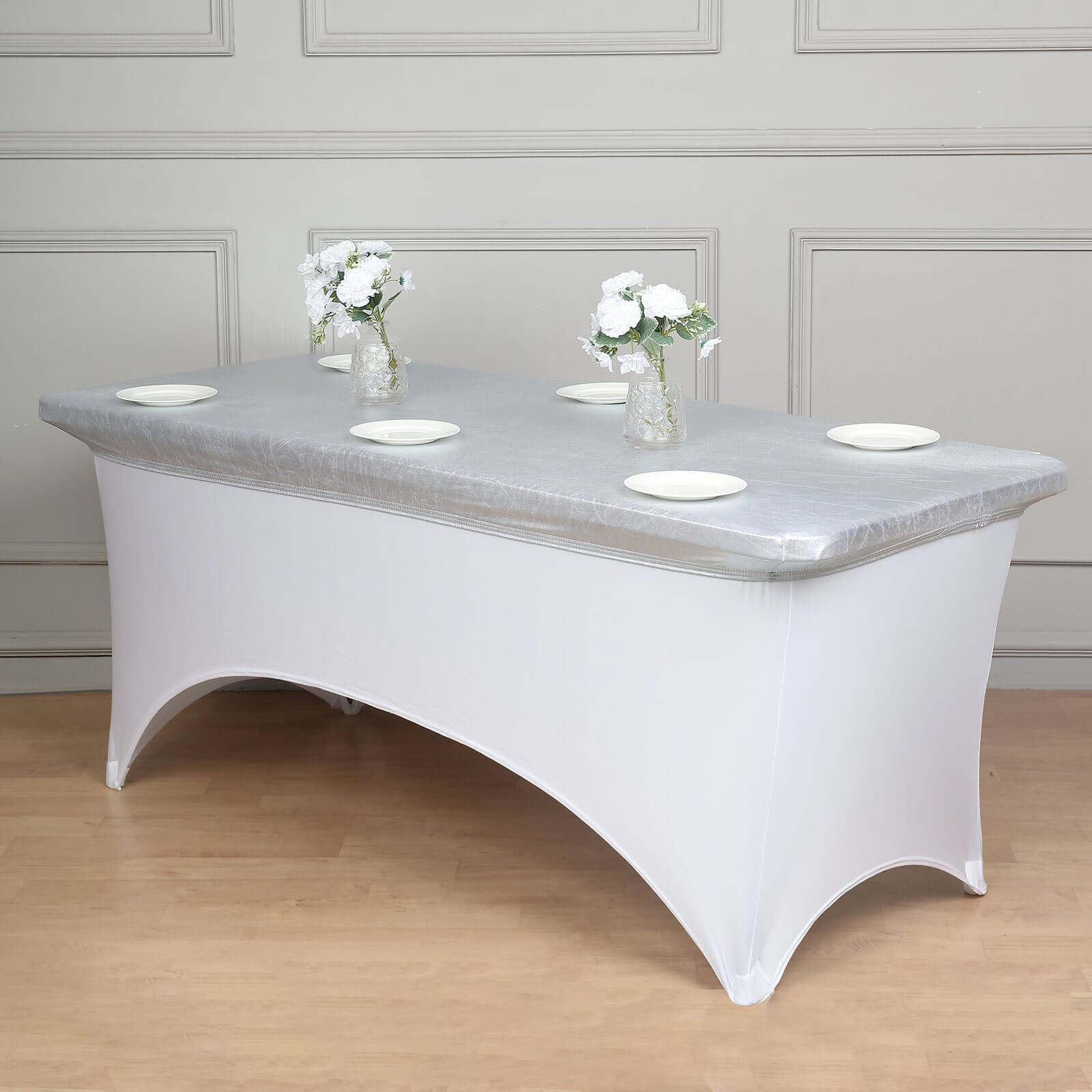 Stretch Spandex 72"x30" Rectangle Table Top Cover Metallic Silver - Easy to Install Fitted Table Topper Cap