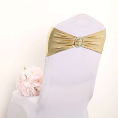 5 Pack Metallic Spandex Chair Sashes Champagne - Stretch Fit Chair Bands With Round Diamond Buckles