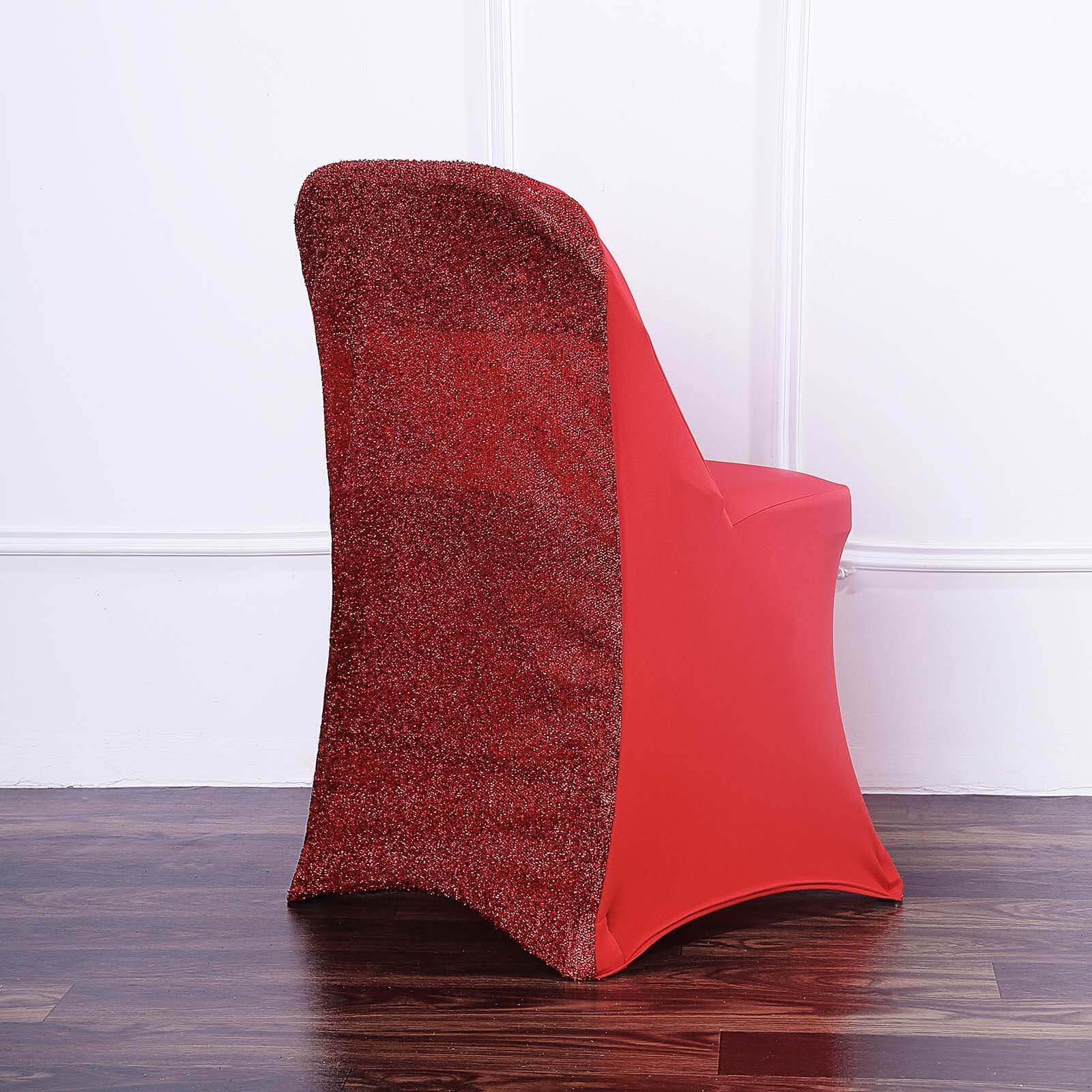 Stretch Spandex Chair Cover Red for Folding Chairs - Metallic Shimmer Tinsel Back Design Fitted Slipcover