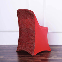 Stretch Spandex Chair Cover Red for Folding Chairs - Metallic Shimmer Tinsel Back Design Fitted Slipcover