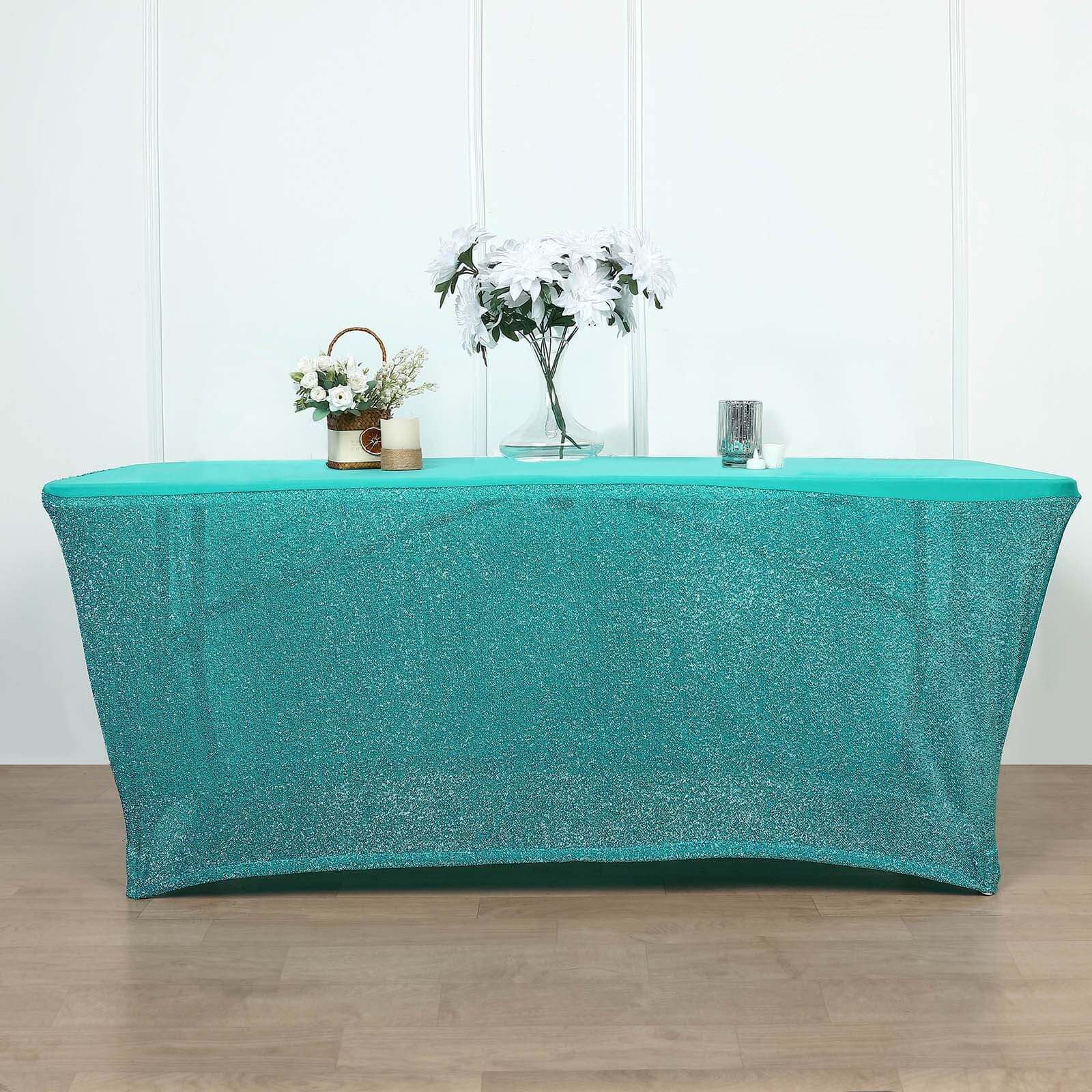 Stretch Spandex 72"x30" Rectangle Tablecloth Metallic Turquoise - Form-Fitting Table Cover