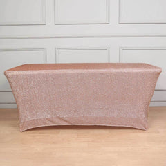 Shimmer Tinsel Spandex 72"x30" Rectangle Tablecloth Metallic Rose Gold Glittered Shiny Stretch Table Cover for Gleaming Event Decor