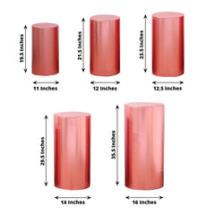 Set of 5 Metallic Rose Gold Spandex Cylinder Pedestal Stand Covers, Shiny Stretchable Pillar Prop Covers - 130 GSM