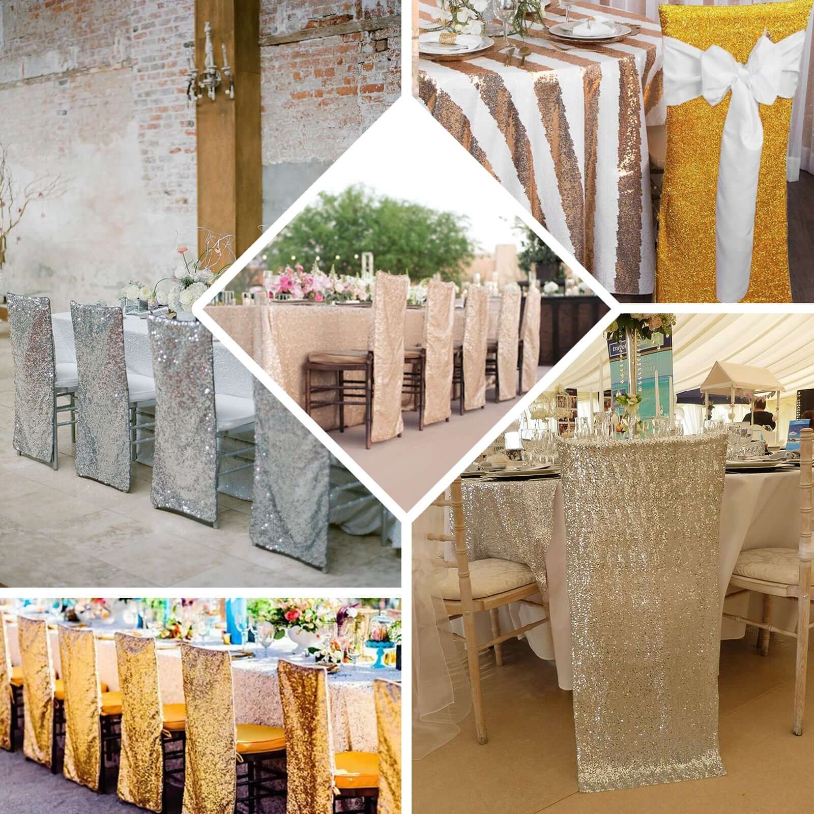 Stretch Spandex Chair Back Slipcover with Metallic Shimmer Tinsel Gold - Durable Chiavari Chair Back Cover for Glamorous Event Settings