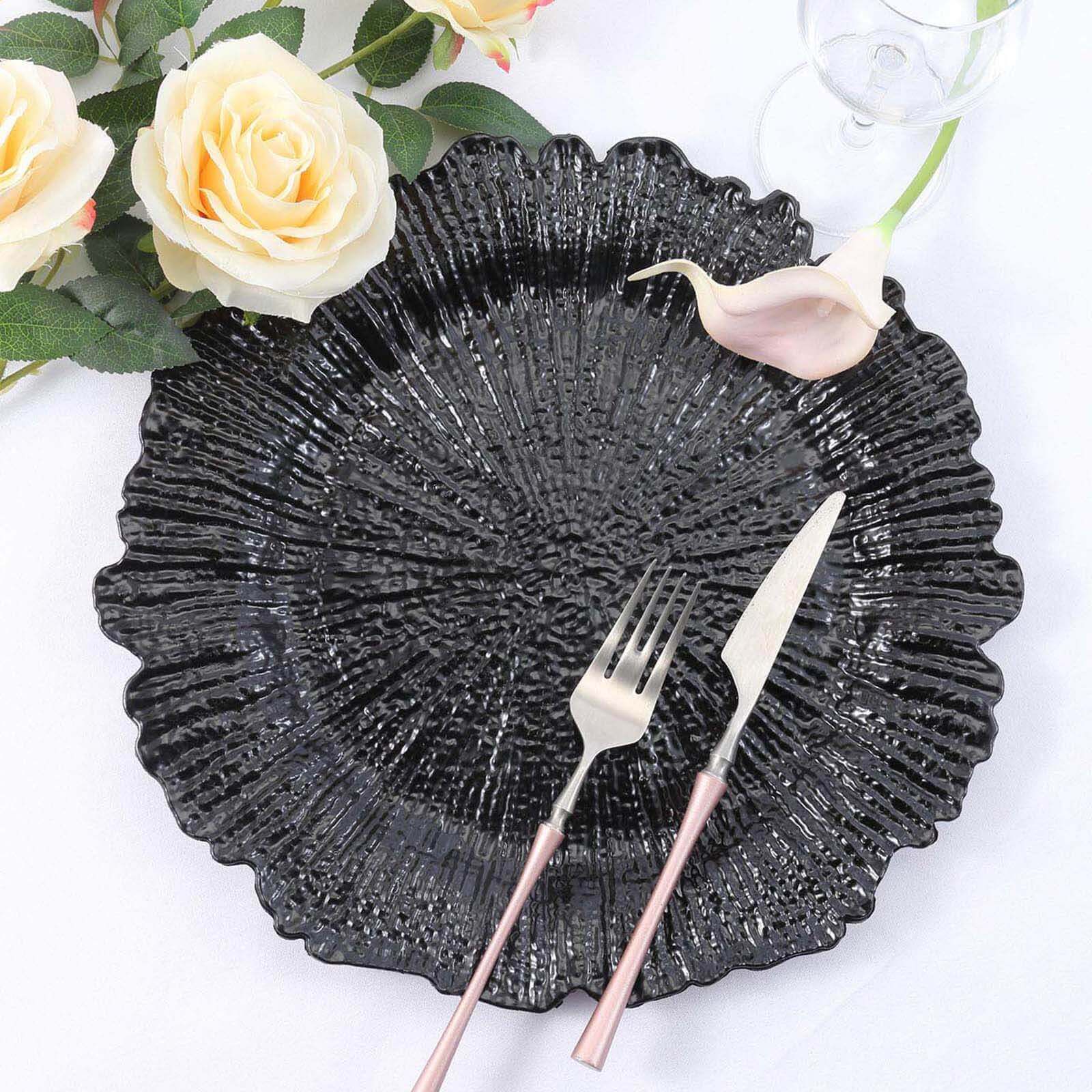 6-Pack Acrylic Plastic Round Charger Plates 13" in Black with Reef Design, Dinner Charger Tableware