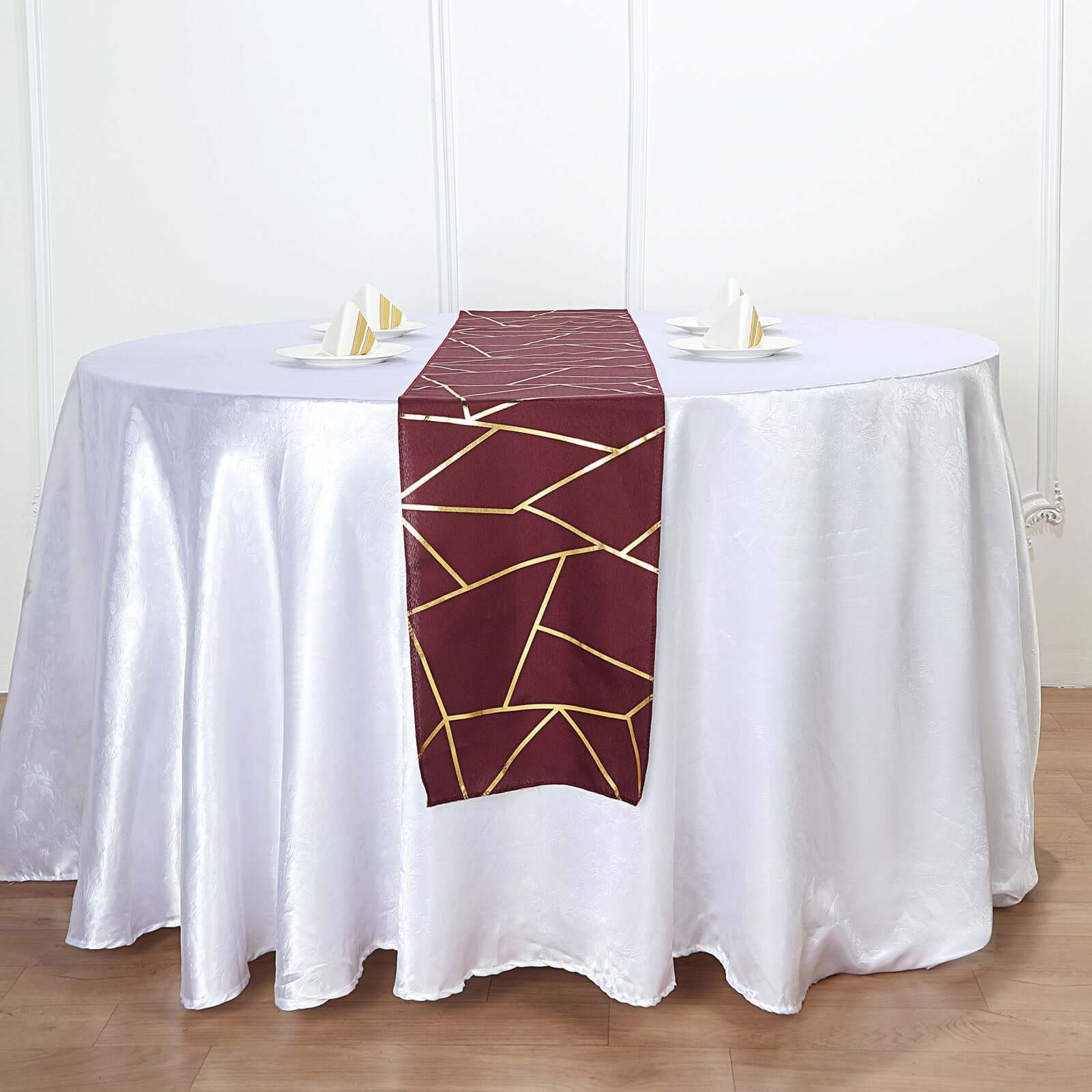 Polyester 9ft Table Runner Burgundy with Gold Foil Modern Geometric Accent