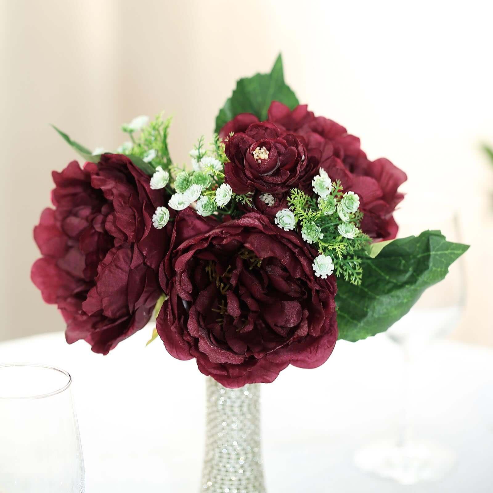 12" Burgundy Artificial Silk Peonies Bouquet, Faux Peony Spray Bush