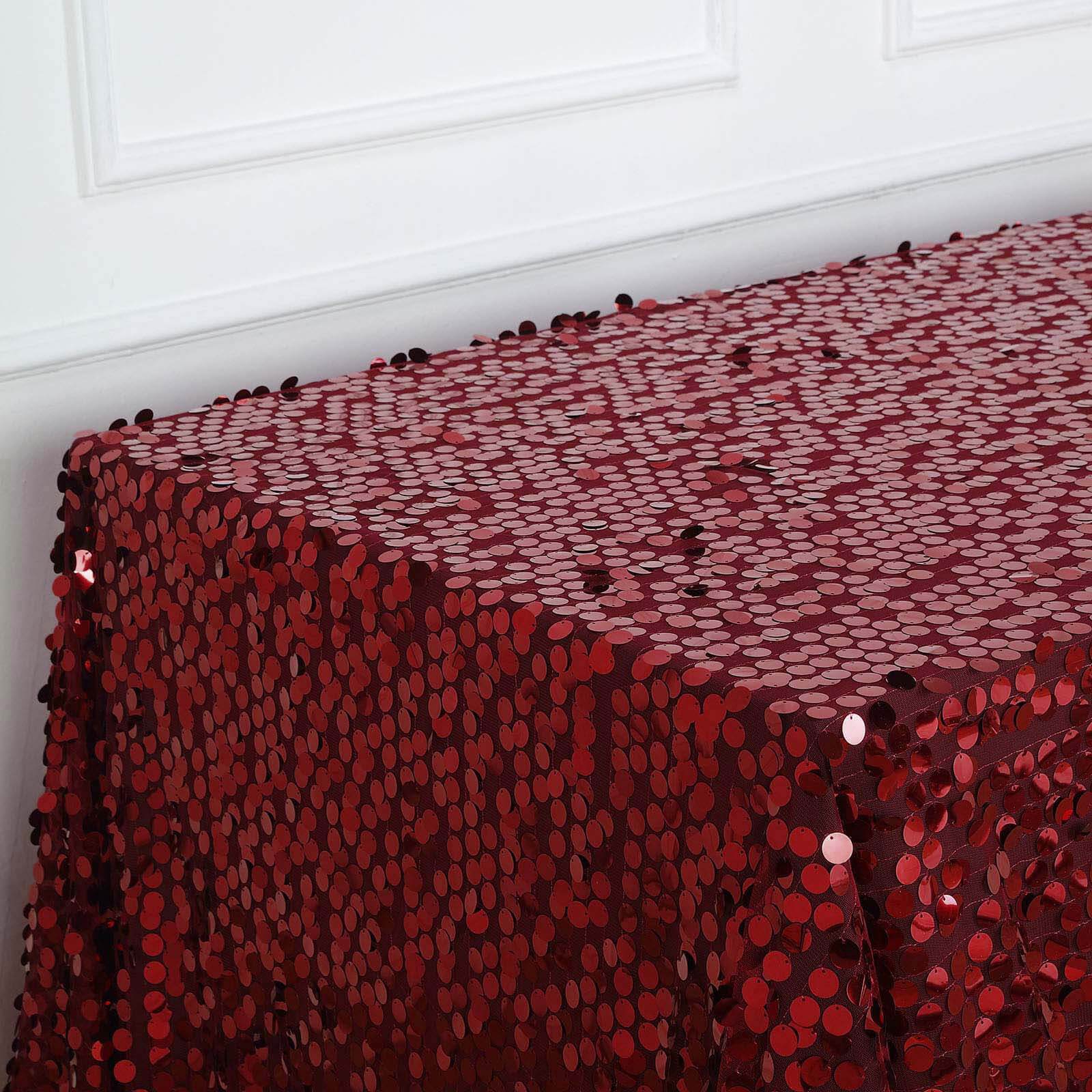 Sequin 90"x132" Rectangle Tablecloth Burgundy - Seamless Big Payette Design for Sophisticated Occasions