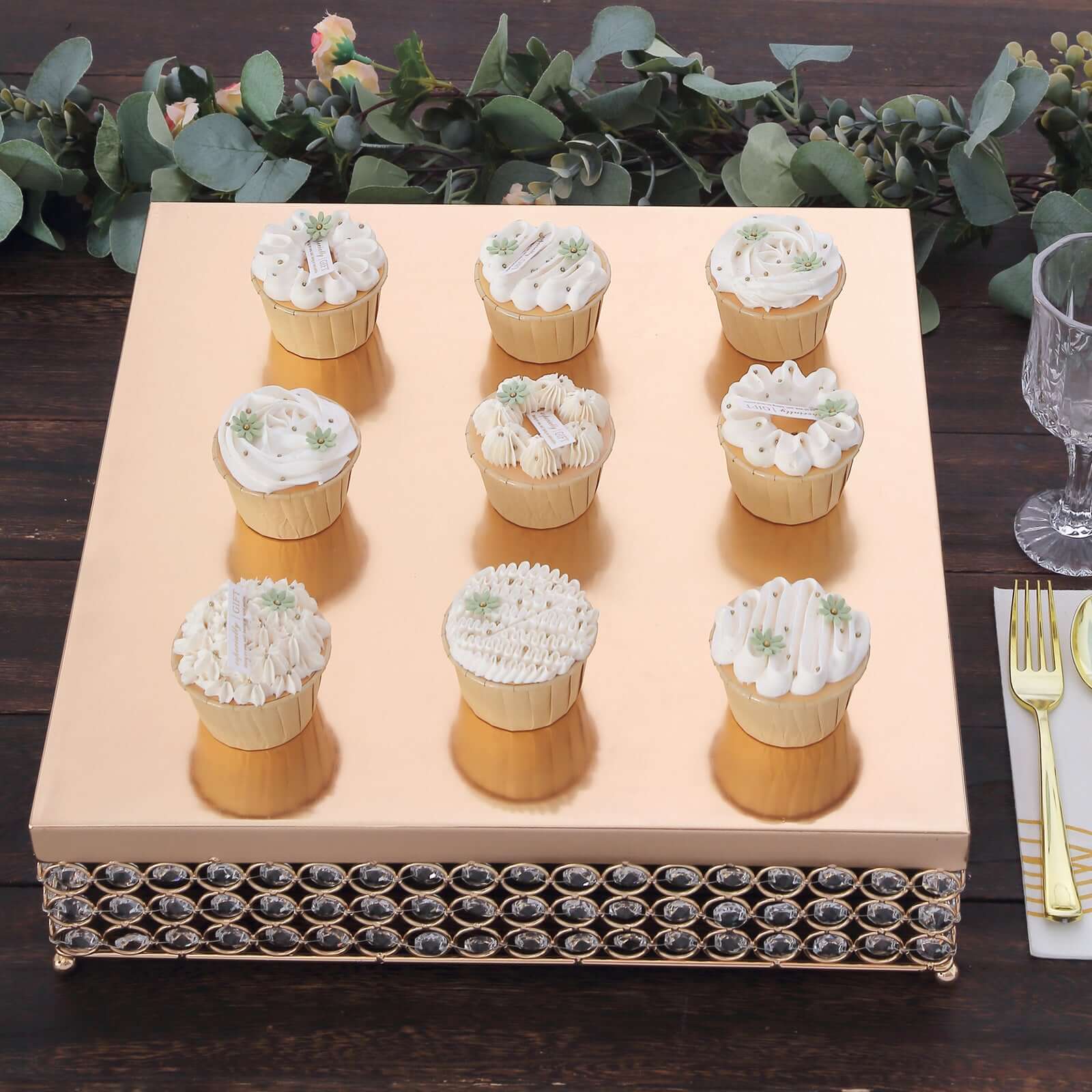 Metal Cake Stand Square Design with Crystal Beads Gold - Dessert Pedestal for Events 16"