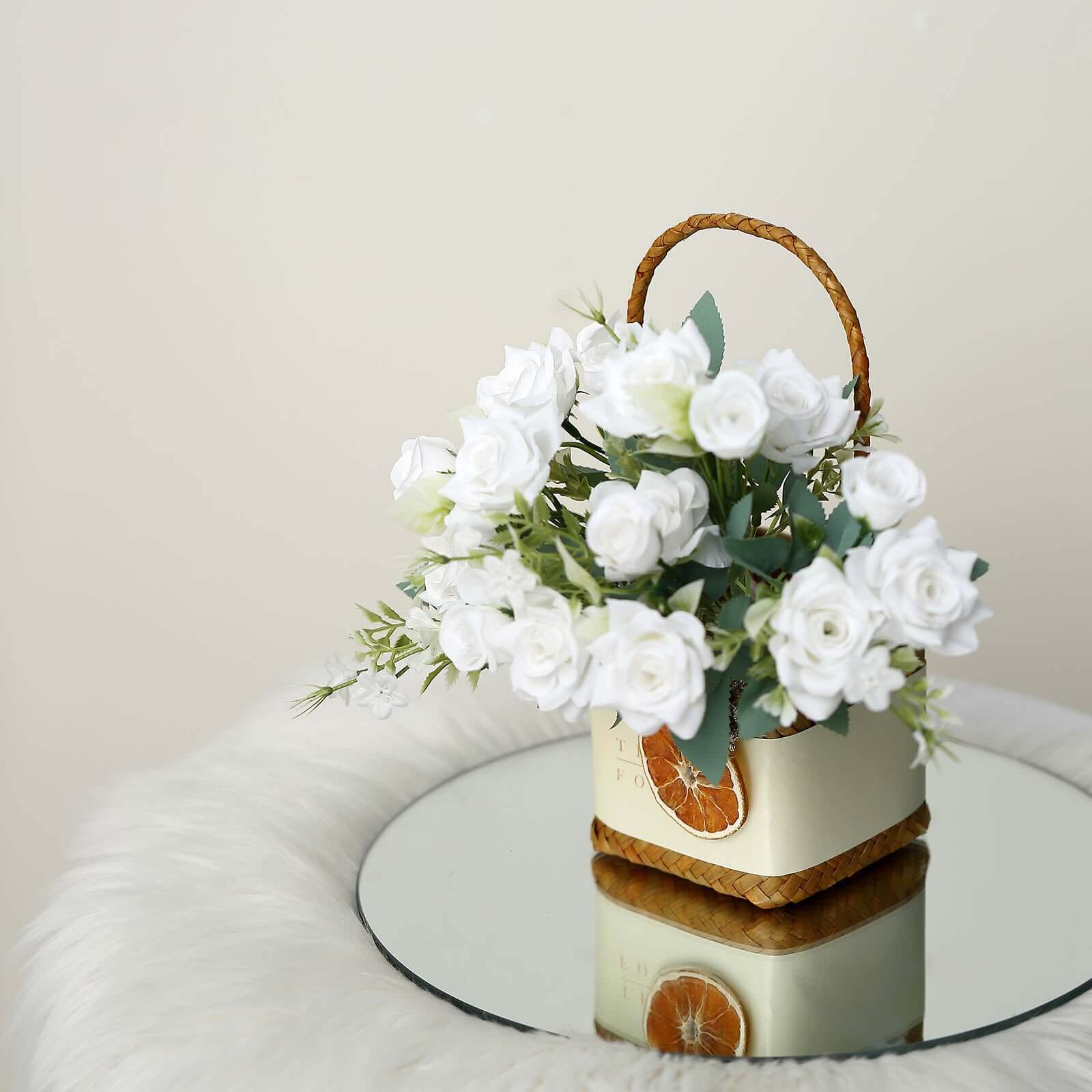 4 Bushes 12" White Real Touch Artificial Silk Rose Flower Bouquet, Faux Bridal Flowers