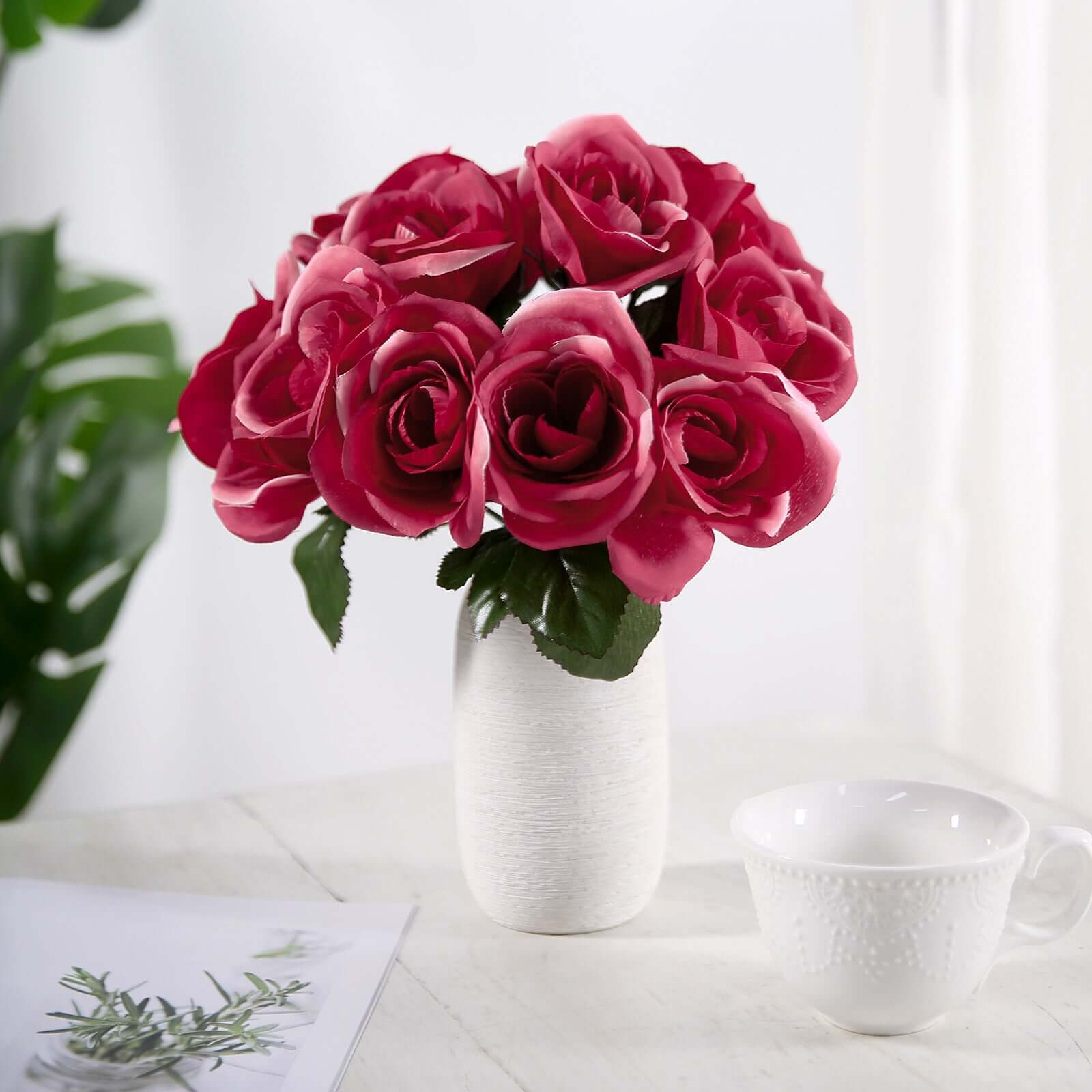 12" Fuchsia Artificial Velvet-Like Fabric Rose Flower Bouquet Bush