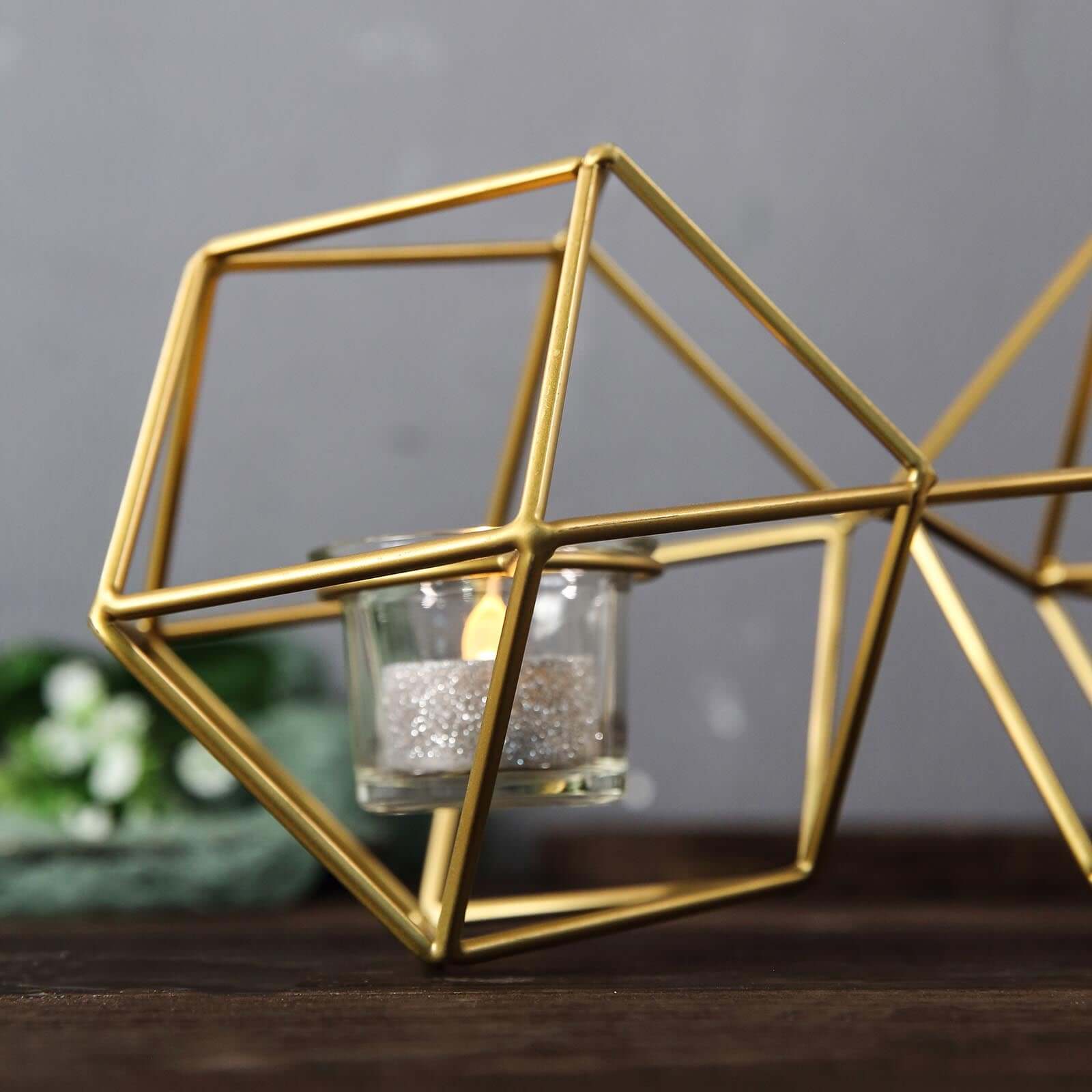 Set of Metal Candle Holders Linked Geometric Design Gold - Modern Table Decor with Votive Glass for Gatherings 11"