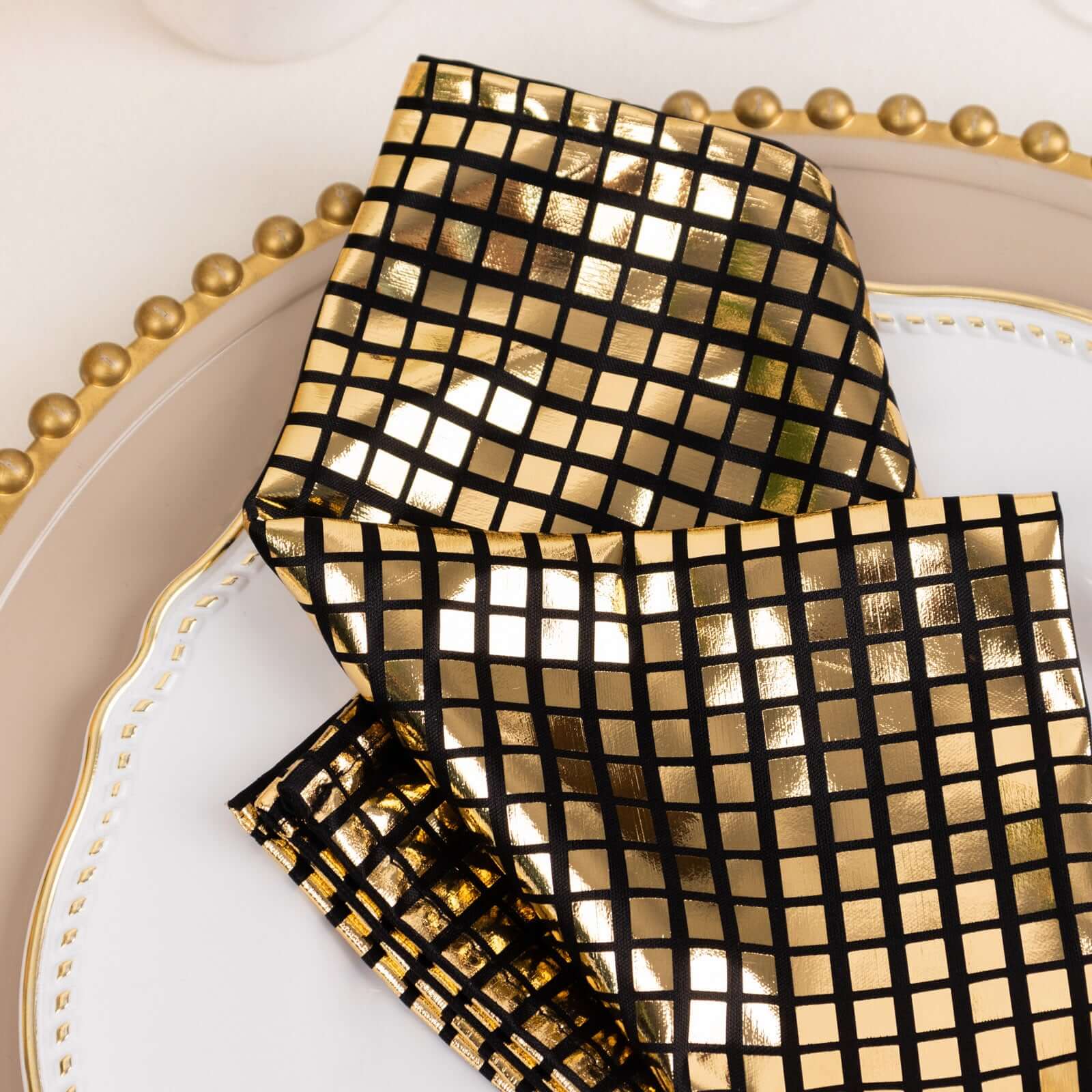 5 Pack Polyester 20"x20" Napkins Black with Refelective Gold Foil for Luxe Events & Retro Themes