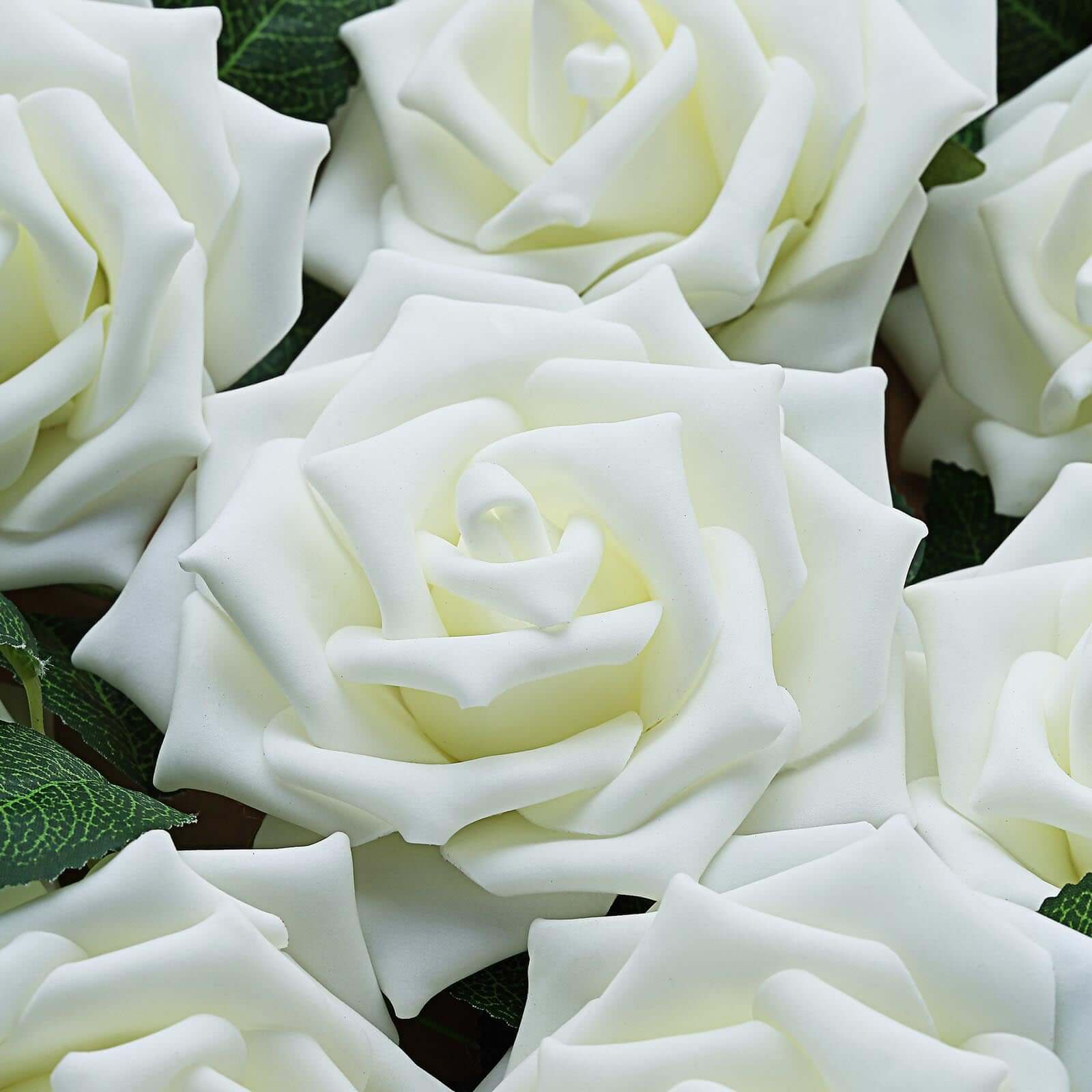 24 Roses 5" Ivory Artificial Foam Flowers With Stem Wire and Leaves