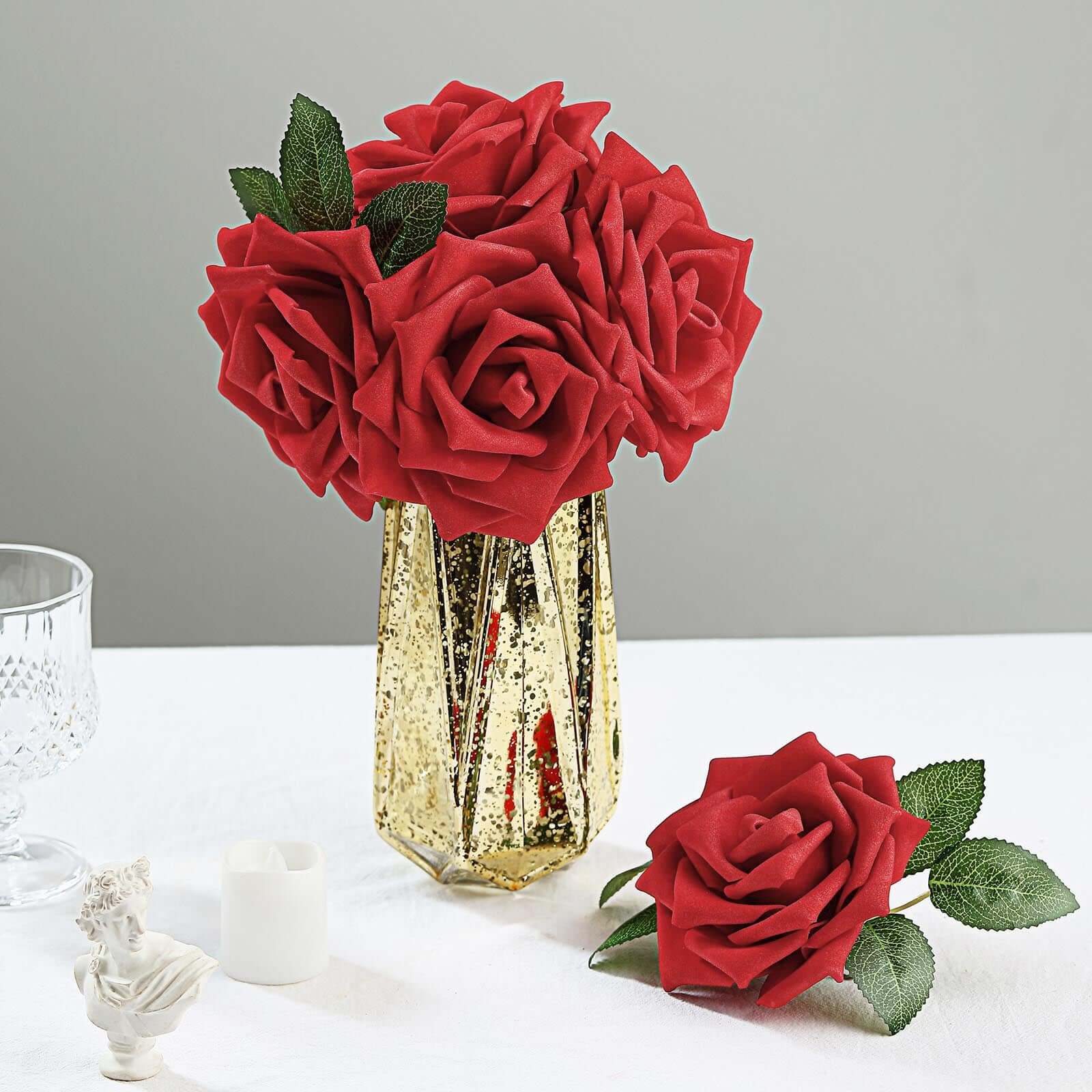 24 Roses 5" Red Artificial Foam Flowers With Stem Wire and Leaves