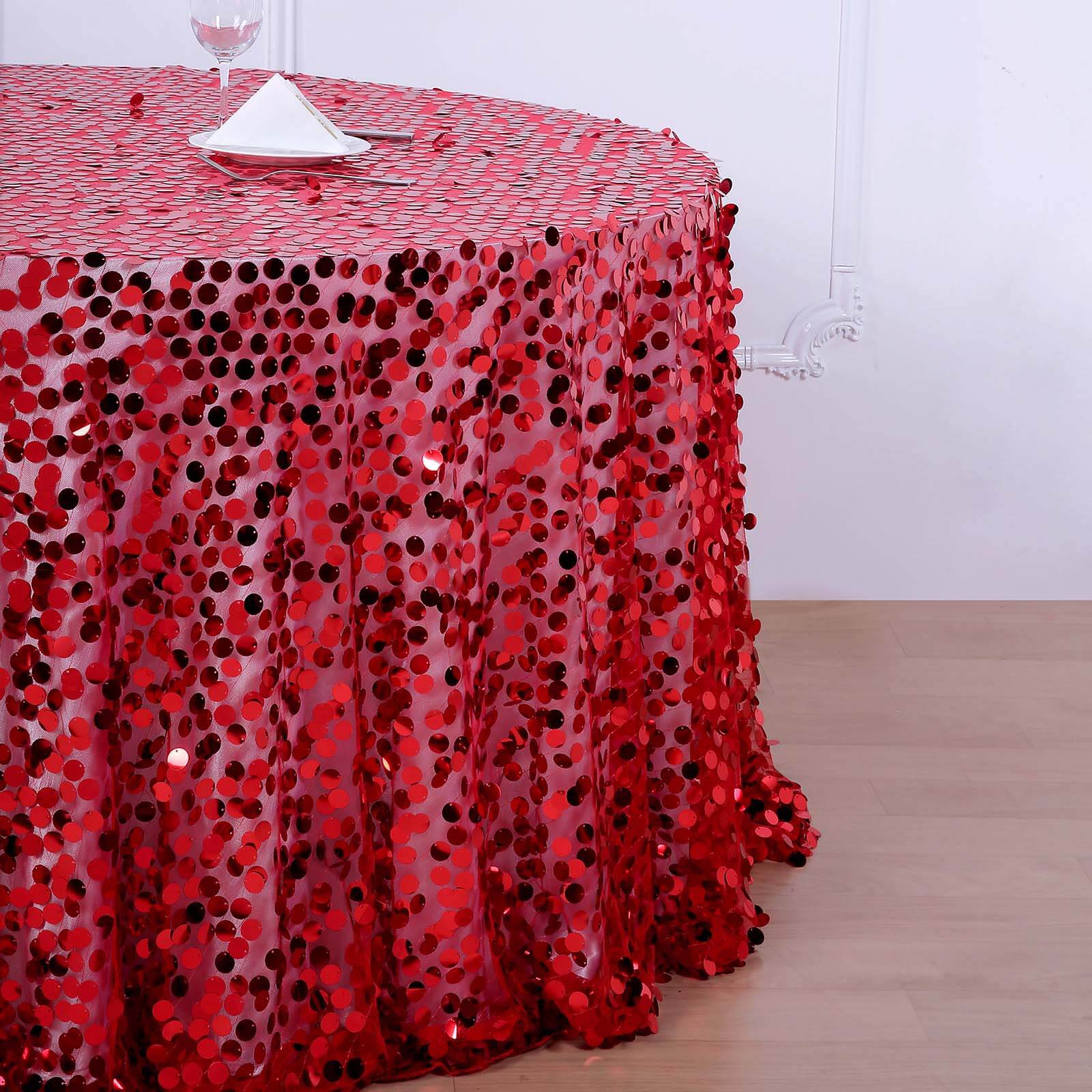 Sequin 120" Round Tablecloth Red - Seamless Big Payette Design Table Cover