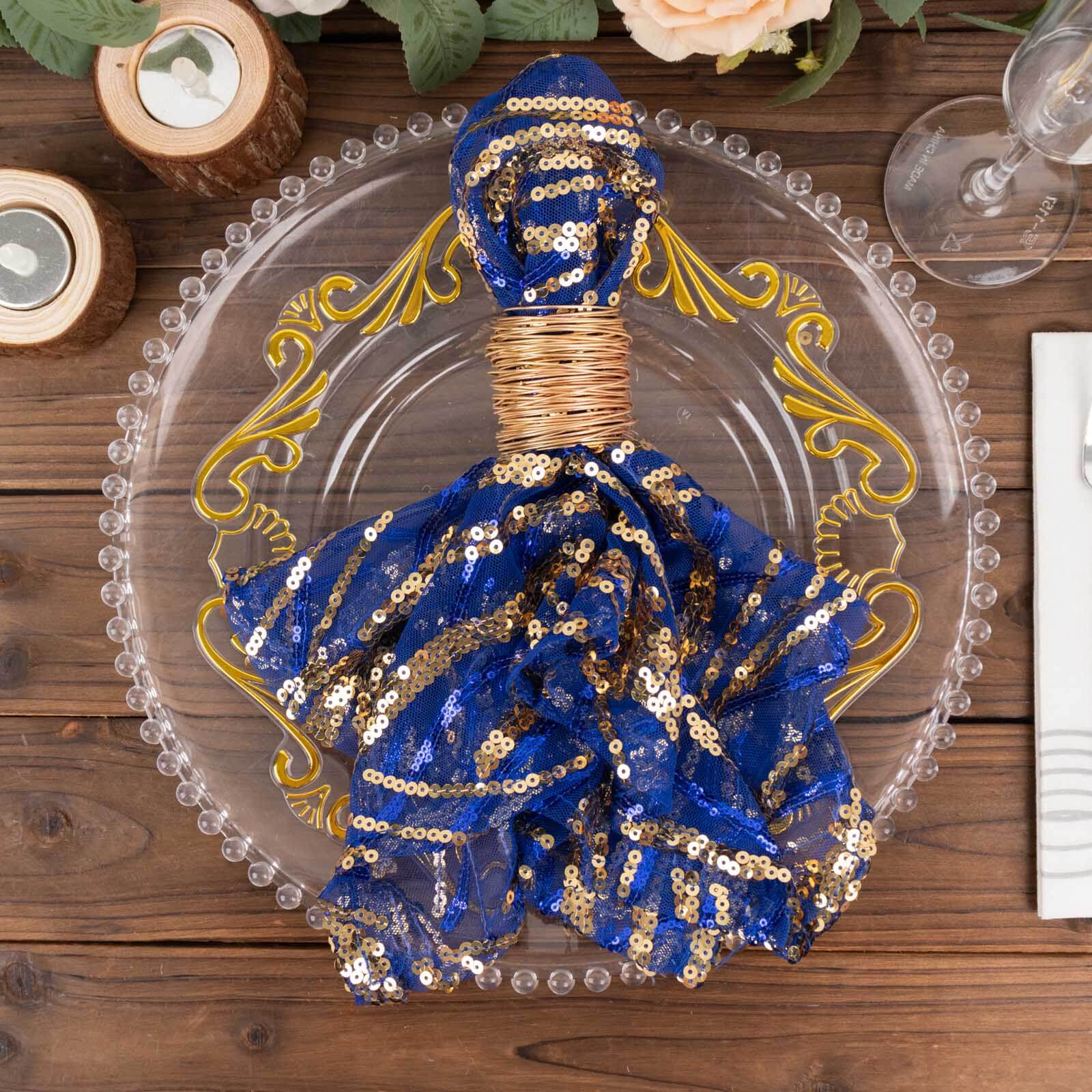 Sequin Mesh 20"x20" Napkin Royal Blue Gold - Wave Embroidered Reusable Napkin
