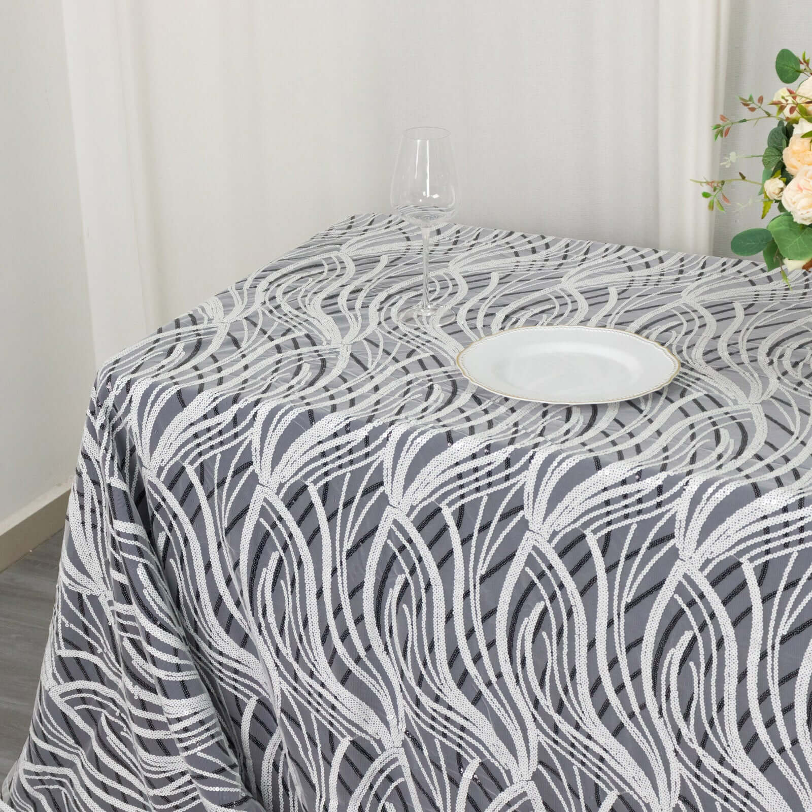 Mesh 90"x156" Rectangle Tablecloth White Black - Wave Sequin Embroidered Table Cover