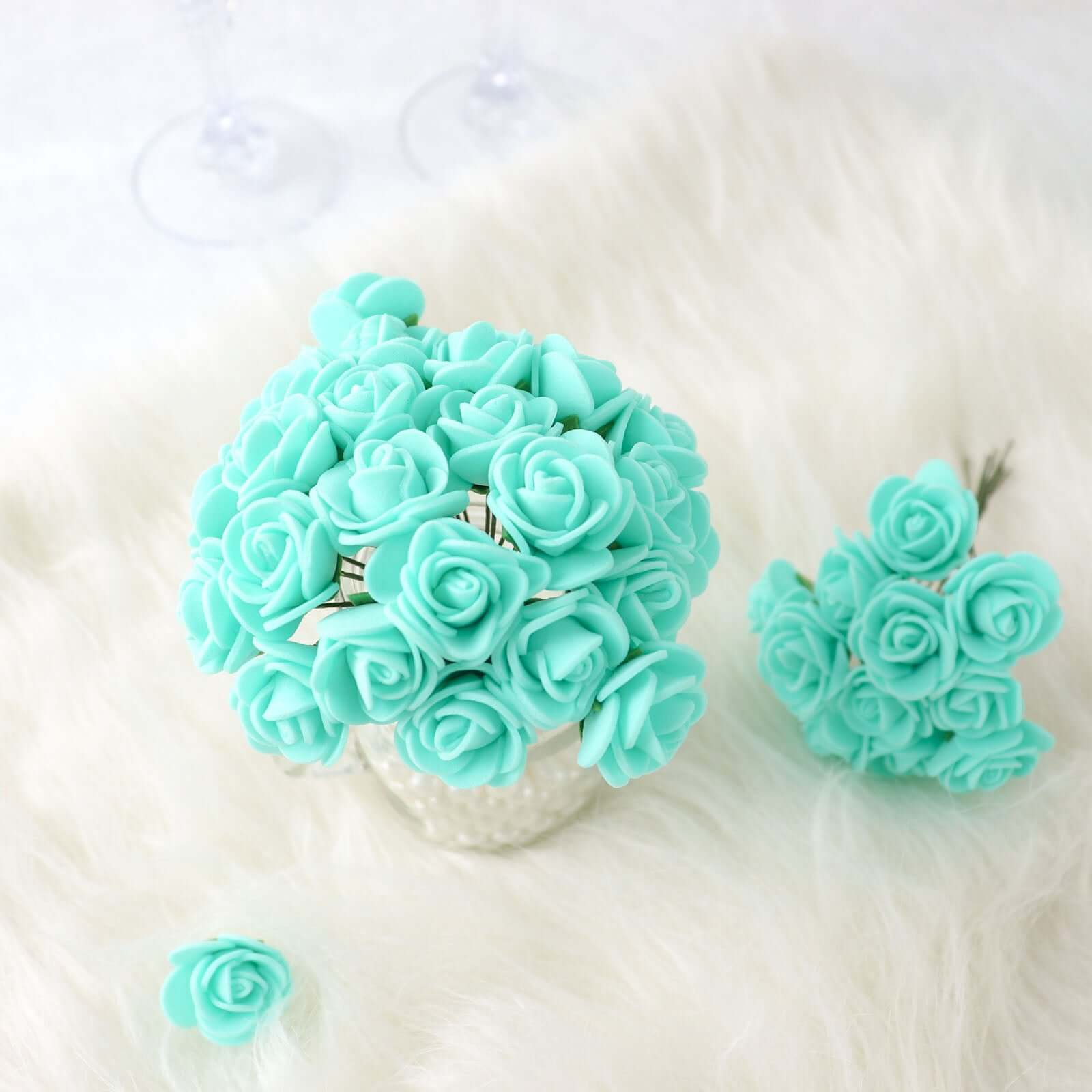 48 Roses 1" Turquoise Real Touch Artificial DIY Foam Rose Flowers With Stem, Craft Rose Buds