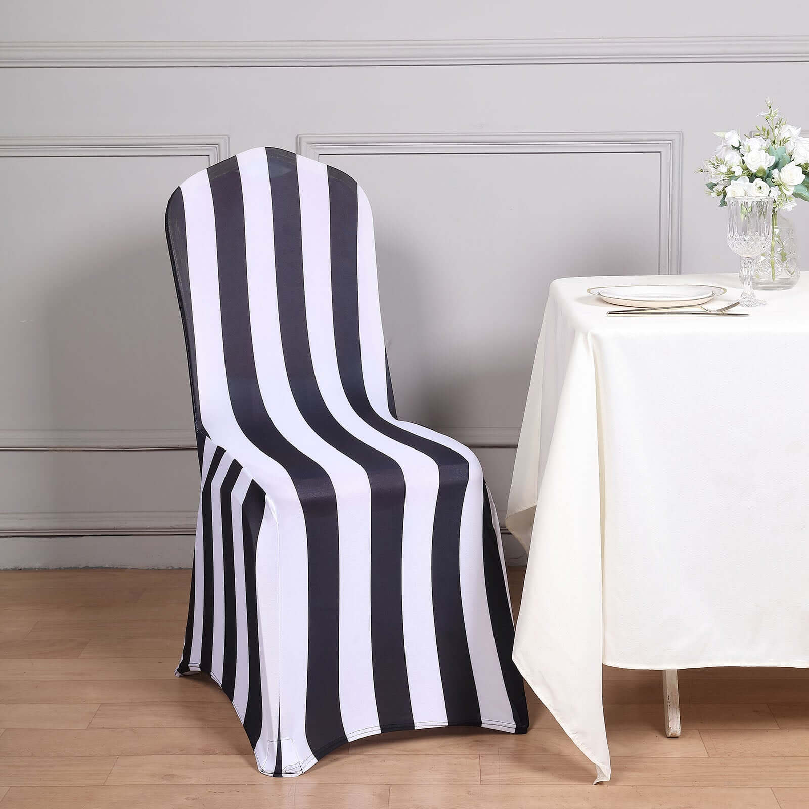 Spandex Chair Cover with Foot Pockets for Banquet Chairs Black/White 2" Stripes - Durable 160GSM Fitted Slipcover for Weddings & Gatherings