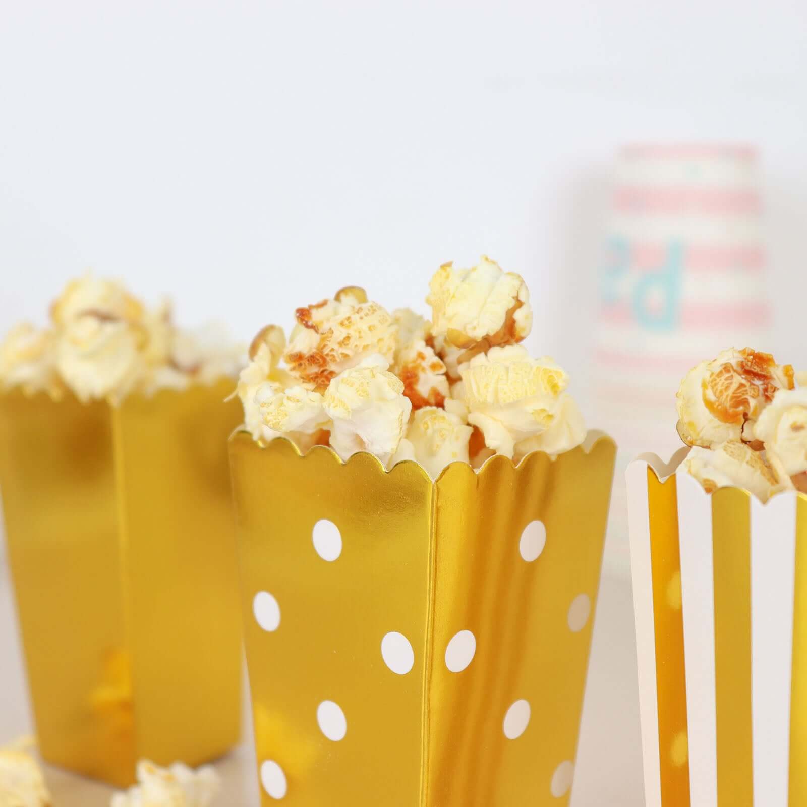 36 Pack 4" White Gold Design Mini Paper Popcorn Boxes, Candy Favor Disposable Bags - Stripe, Polka Dot, Solid Style