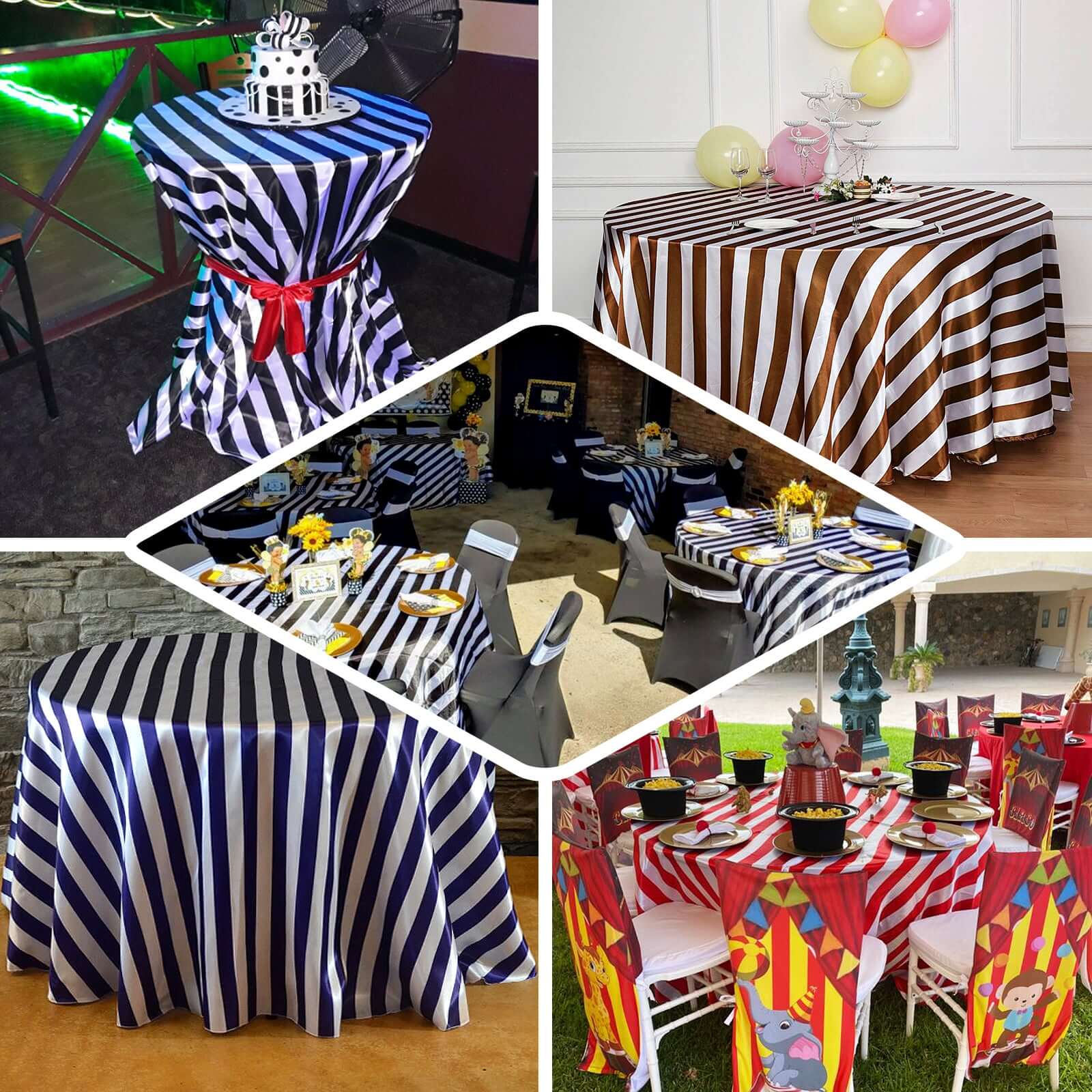 Satin 120" Round Tablecloth Gold/White - Stripe Design with Seamless Silky Smooth Finish Table Cover