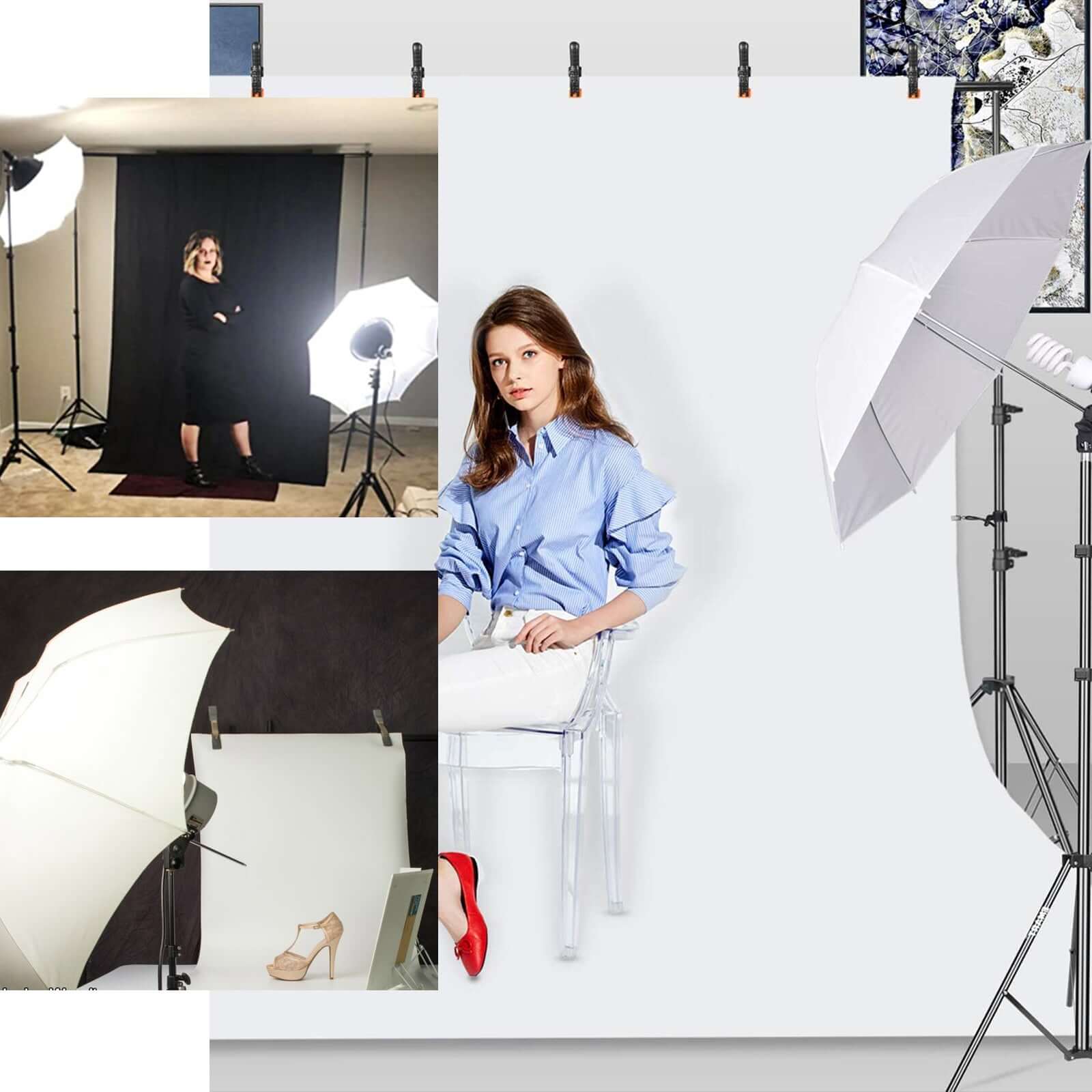 10ft Photo Video Studio Lighting & Background Support System Kit, 600W White Umbrella With Chromakey Backdrop Muslins (Green Black White) - Free Carry Case Included