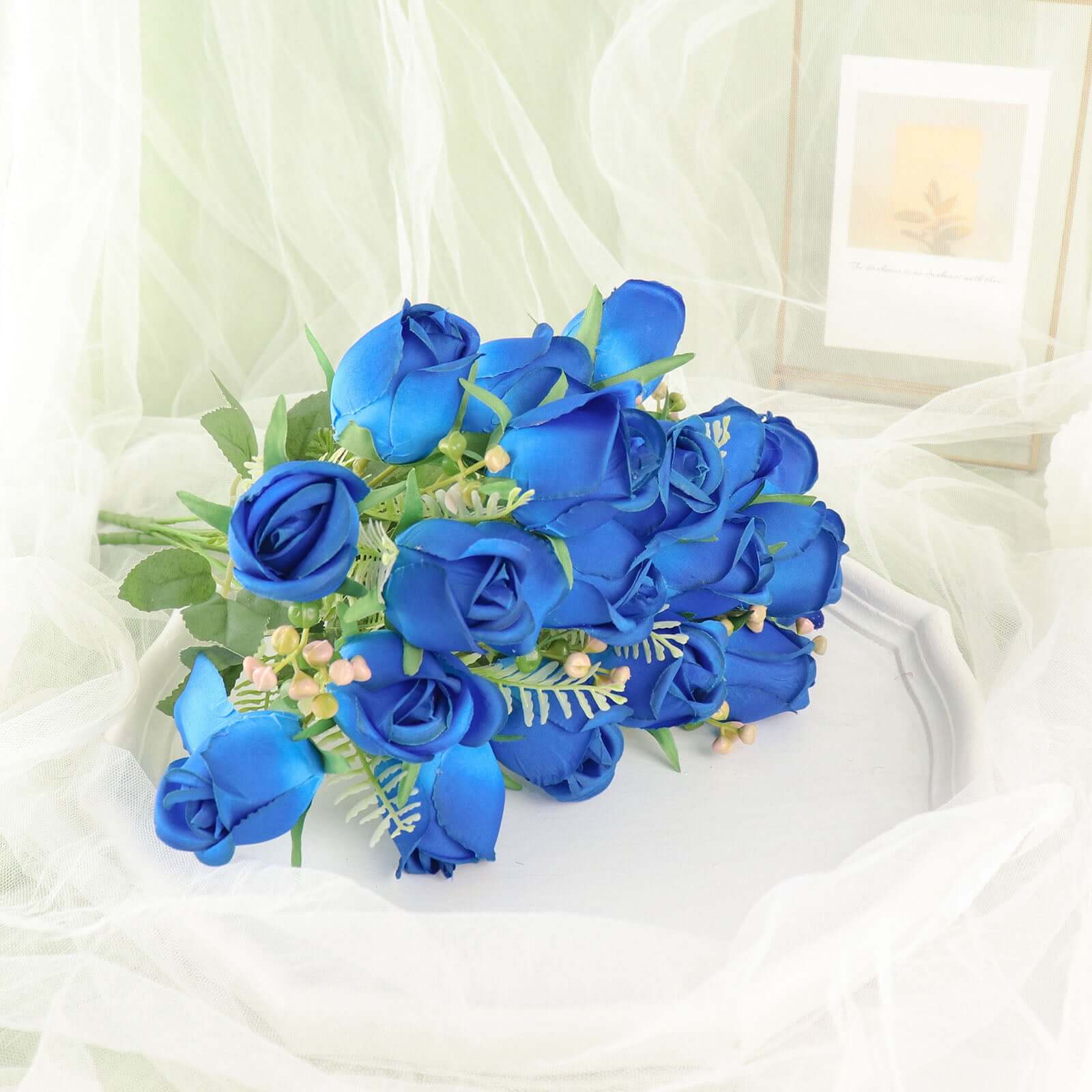 3 Pack 13" Royal Blue Real Touch Silk Rose Bud Flower Bridal Bouquets, Artificial Floral Bush Arrangements