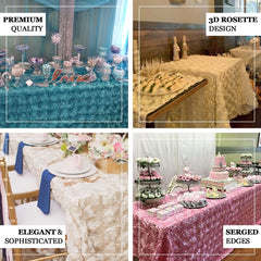 Satin 90"x156" Rectangle Tablecloth Red - Grandiose 3D Rosette Table Cover with Seamless Finish