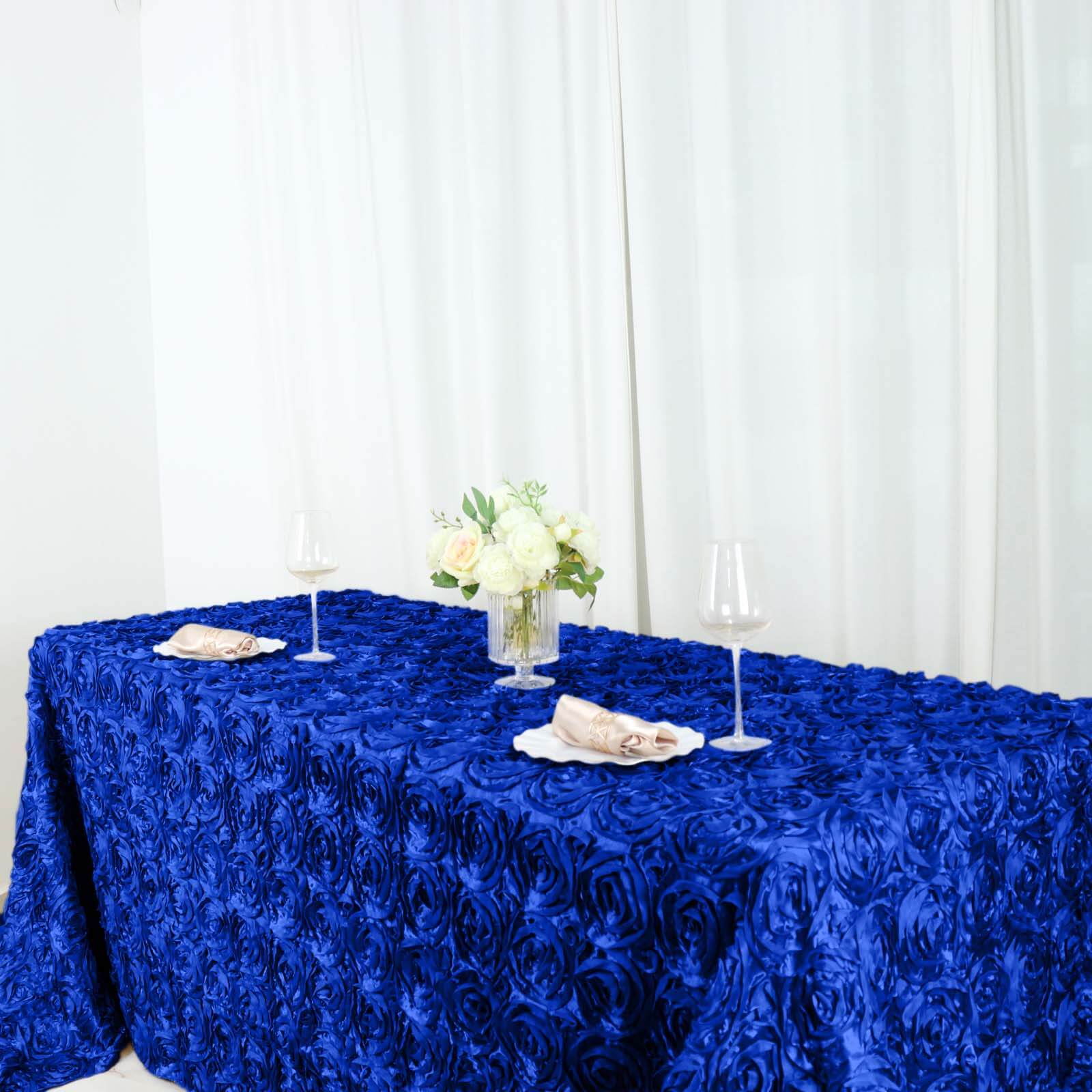 Satin 90"x156" Rectangle Tablecloth Royal Blue - Grandiose 3D Rosette Table Cover with Seamless Finish