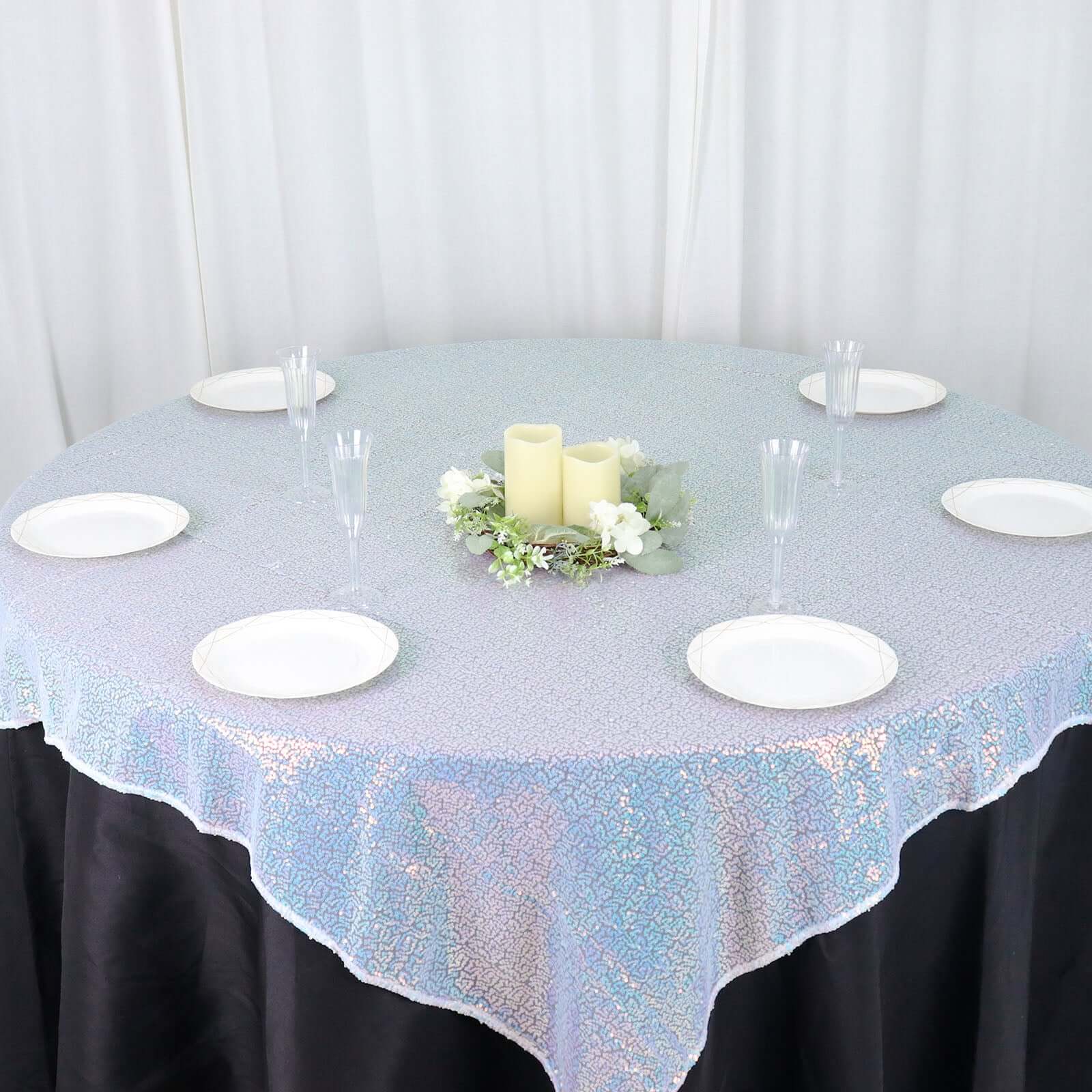 Sequin 60"x60" Table Overlay Square Tablecloth Irisdescent Blue - Luxe Wedding Table Topper