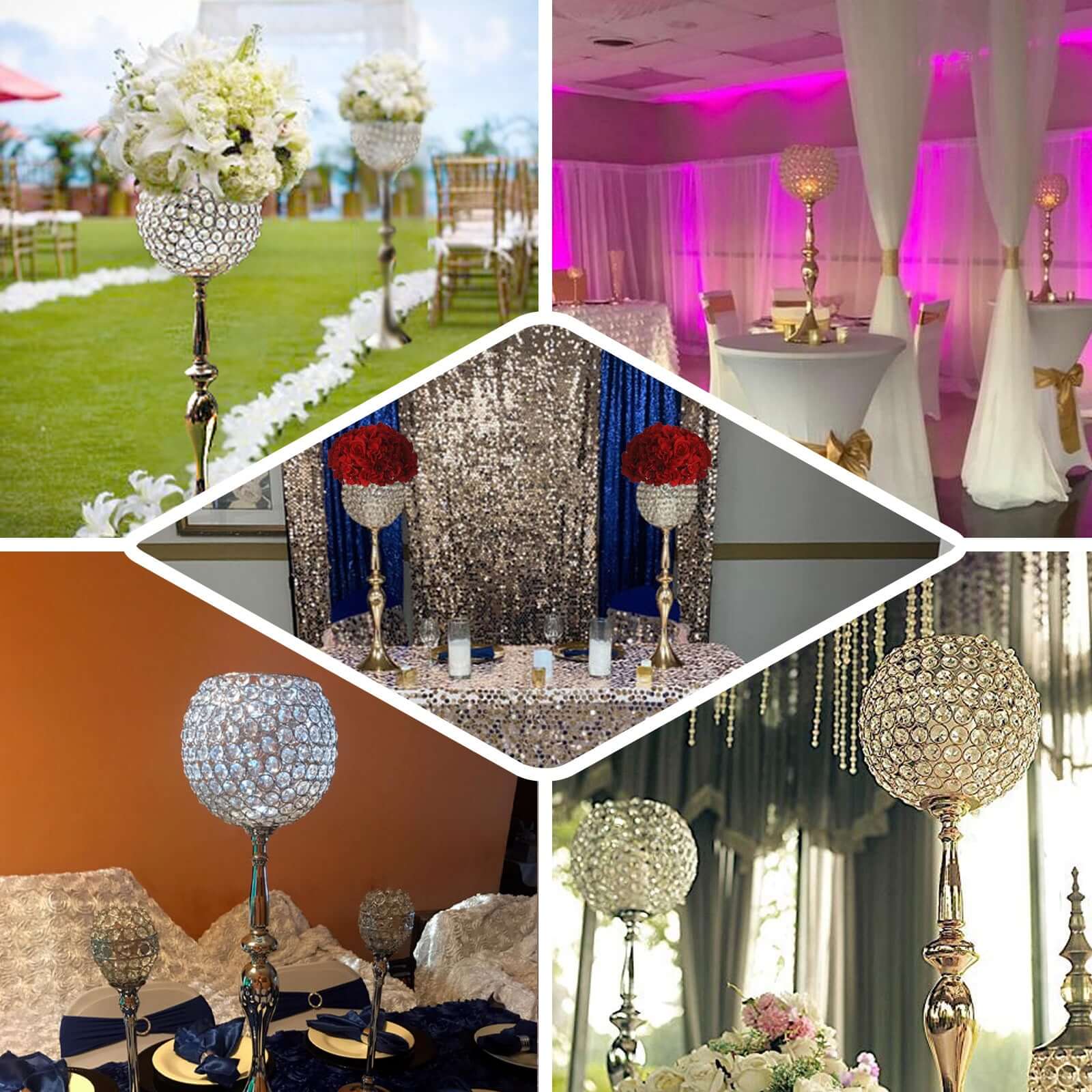 Acrylic Crystal Beaded Goblet Candle Holder Gold - Exquisite Flower Ball Centerpiece Stand for High-End Event Styling 30"