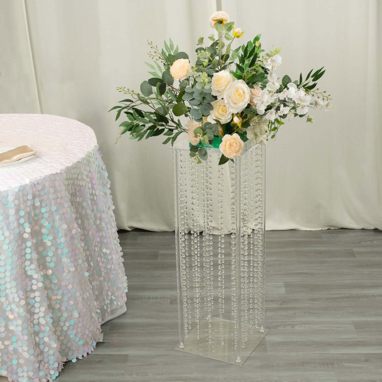 Acrylic Flower Pedestal Vase Pillar Stand with Crystal Beads Clear - Decorative Wedding Floor Centerpiece 32"