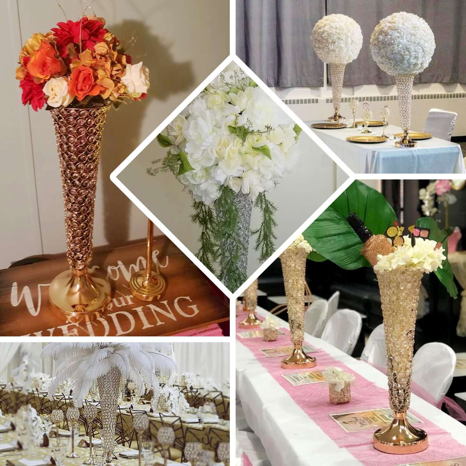 2-Pack Crystal Beaded Trumpet Vase Set Silver - Table Centerpiece for Weddings and Events 32"